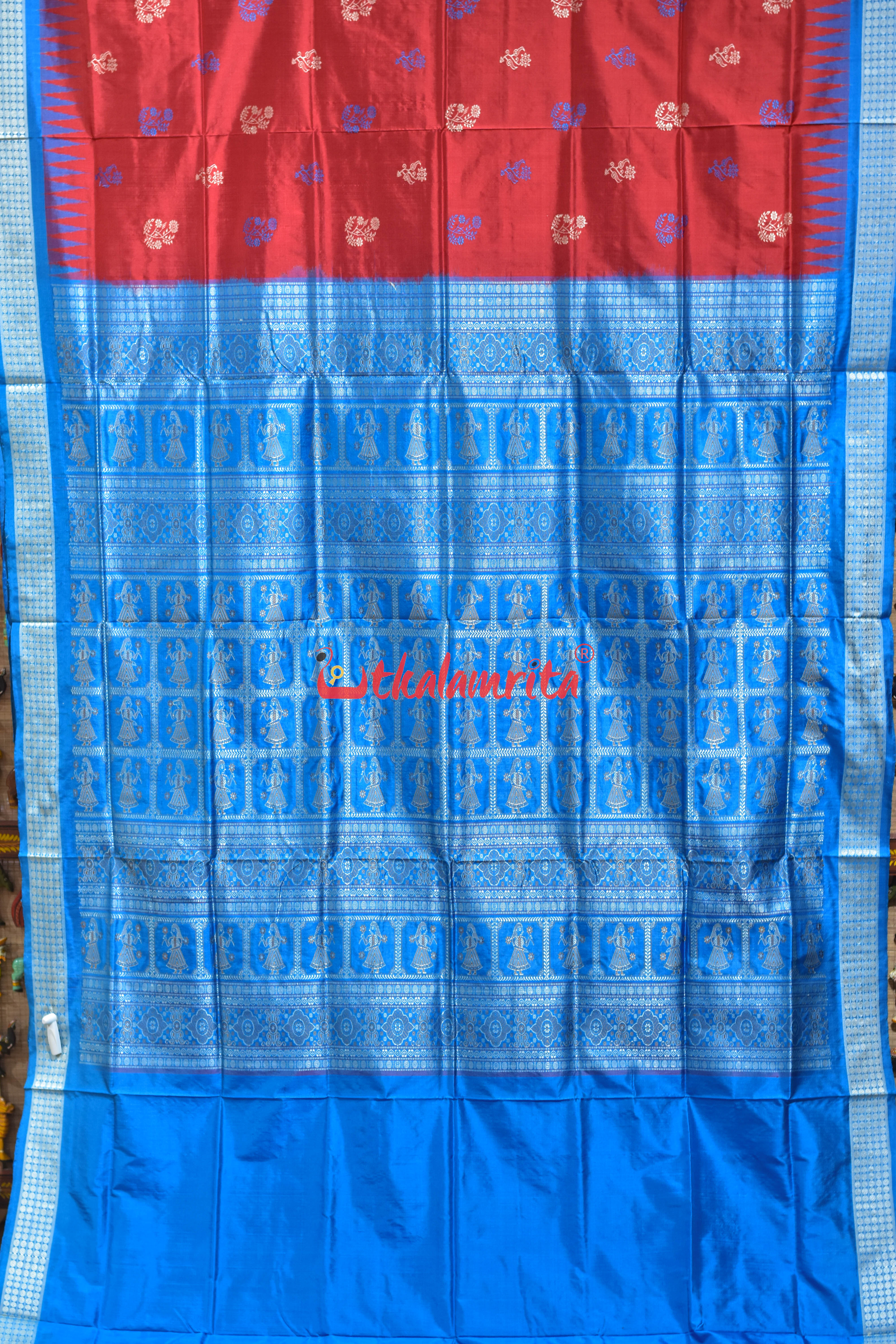 Red Flower Body with Blue Border Bomkai Silk Saree
