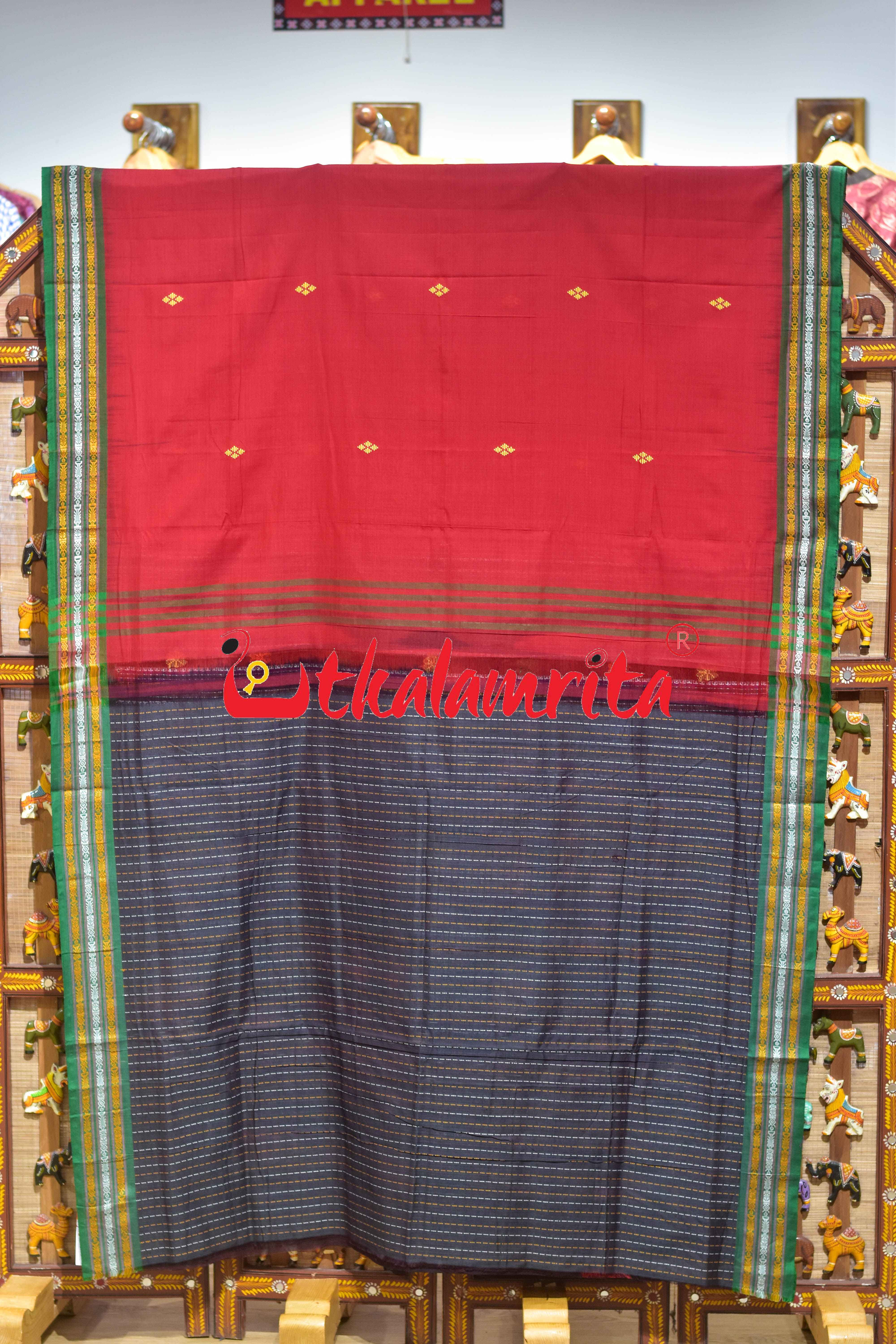 Red Flower Buta Dhalapathar Cotton Saree