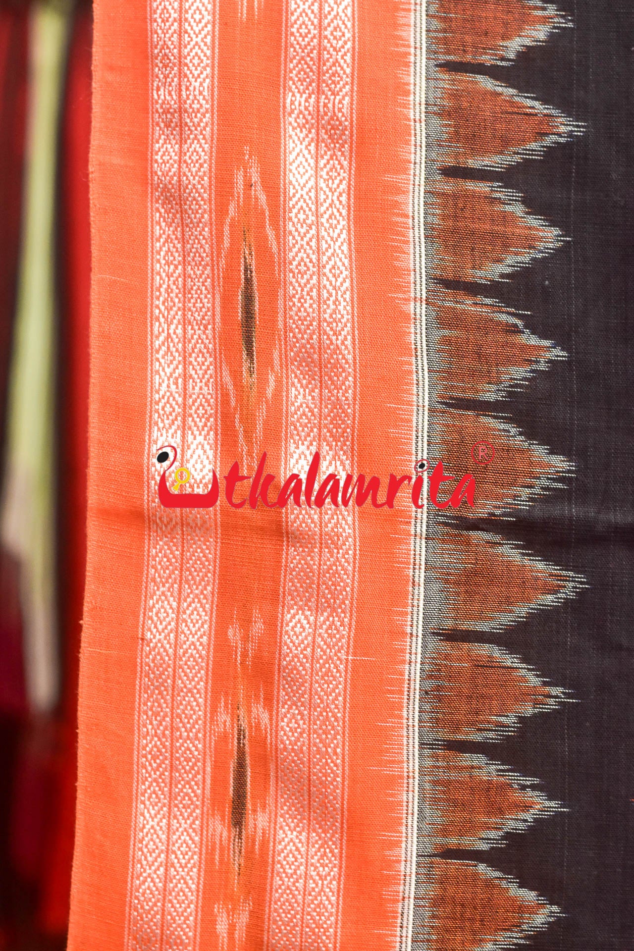 Black with Orange Kadha Khandua Cotton Saree