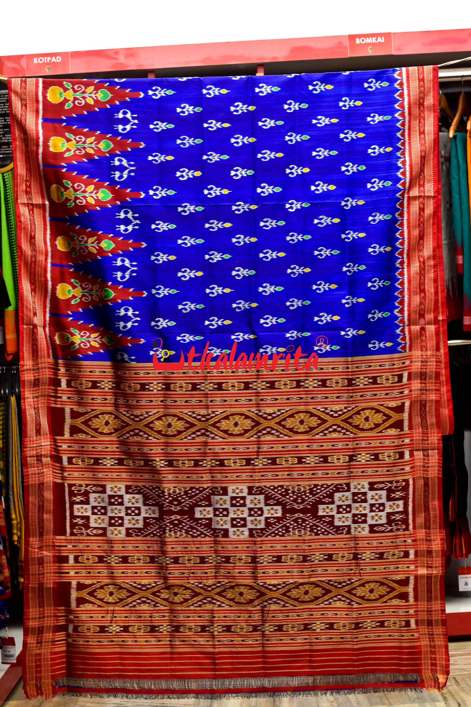 Bada Kumbha Kalasa Tribal Blue Red Khandua Silk Saree
