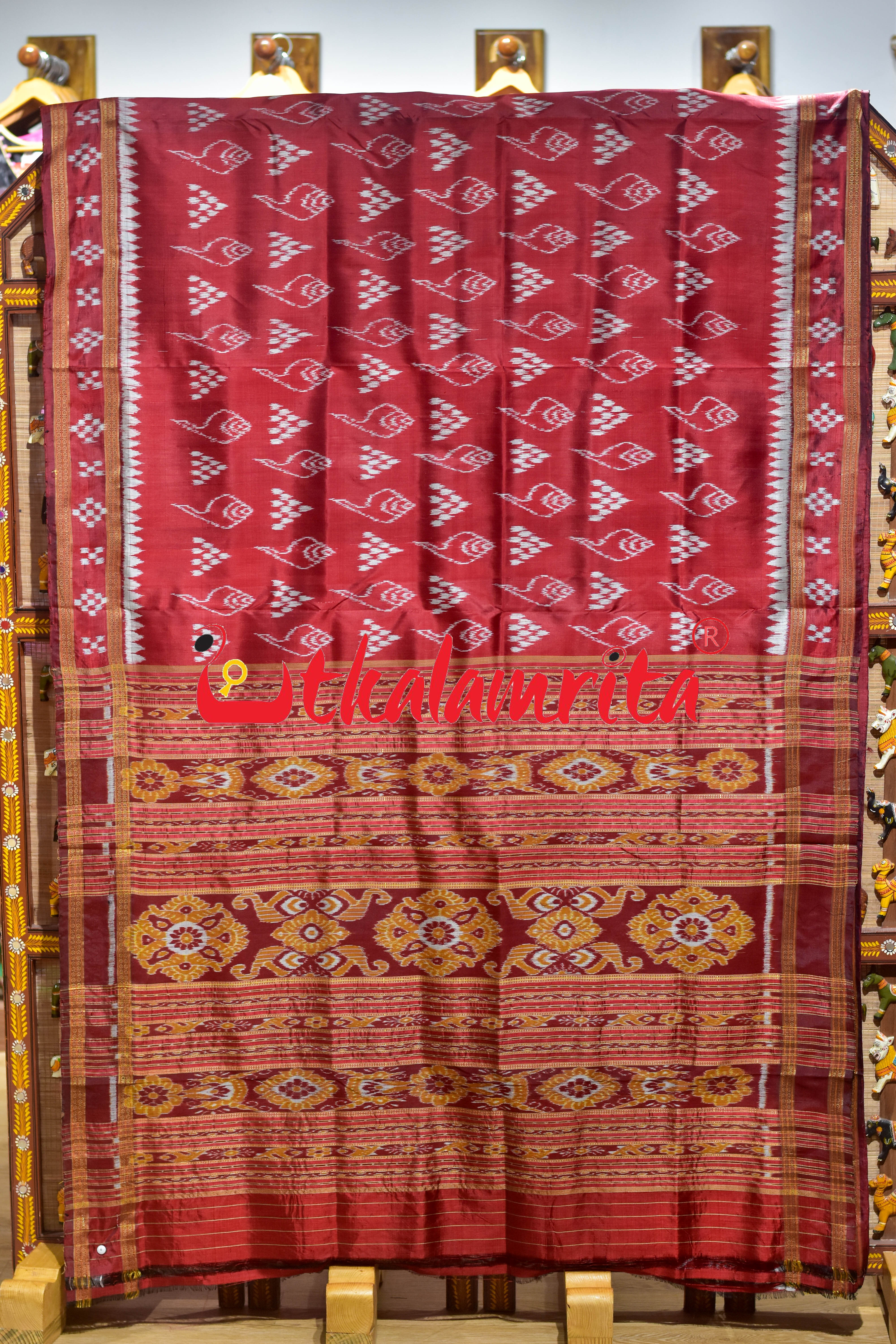 Maroon Chitta Sankha Khandua Silk Saree