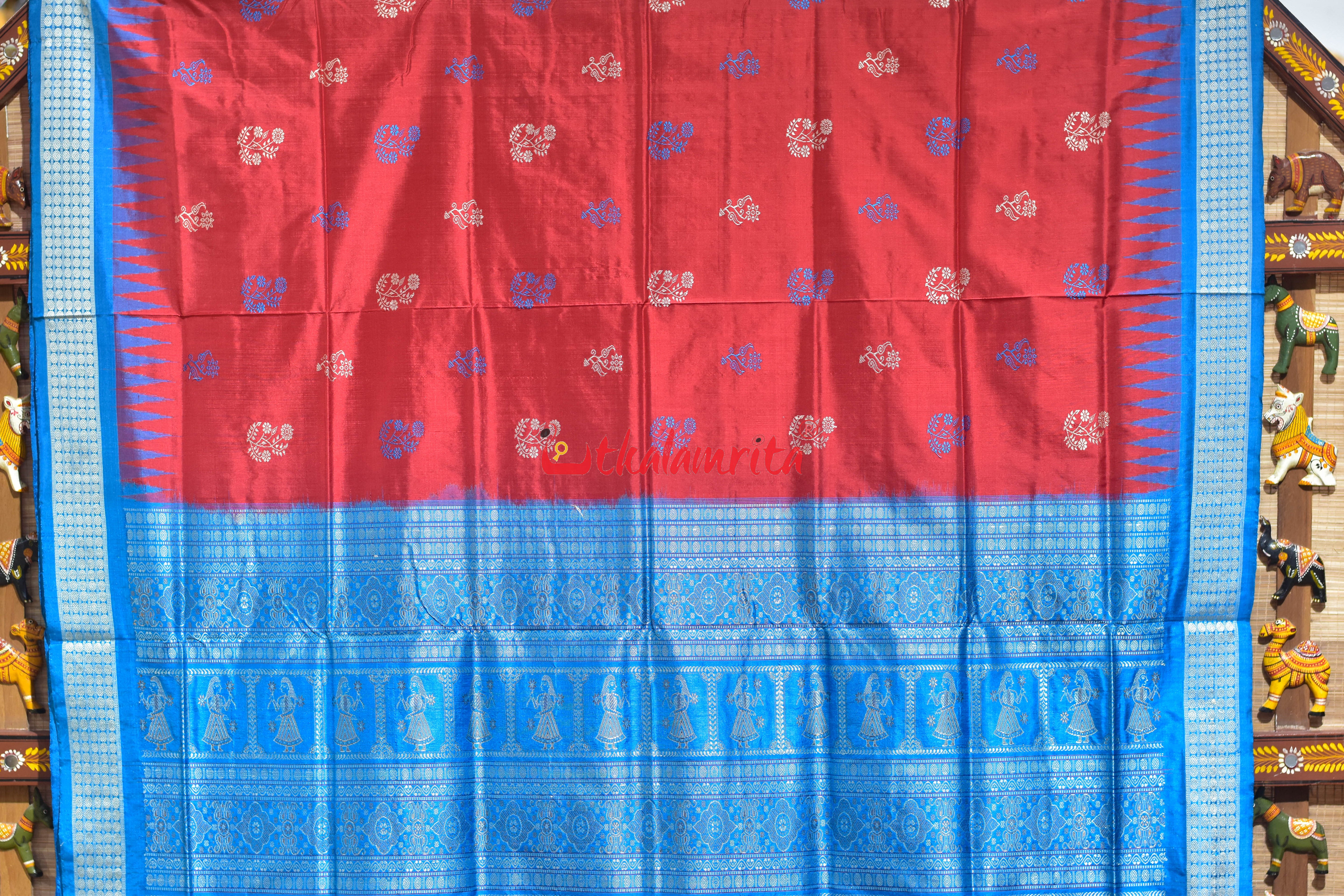 Red Flower Body with Blue Border Bomkai Silk Saree