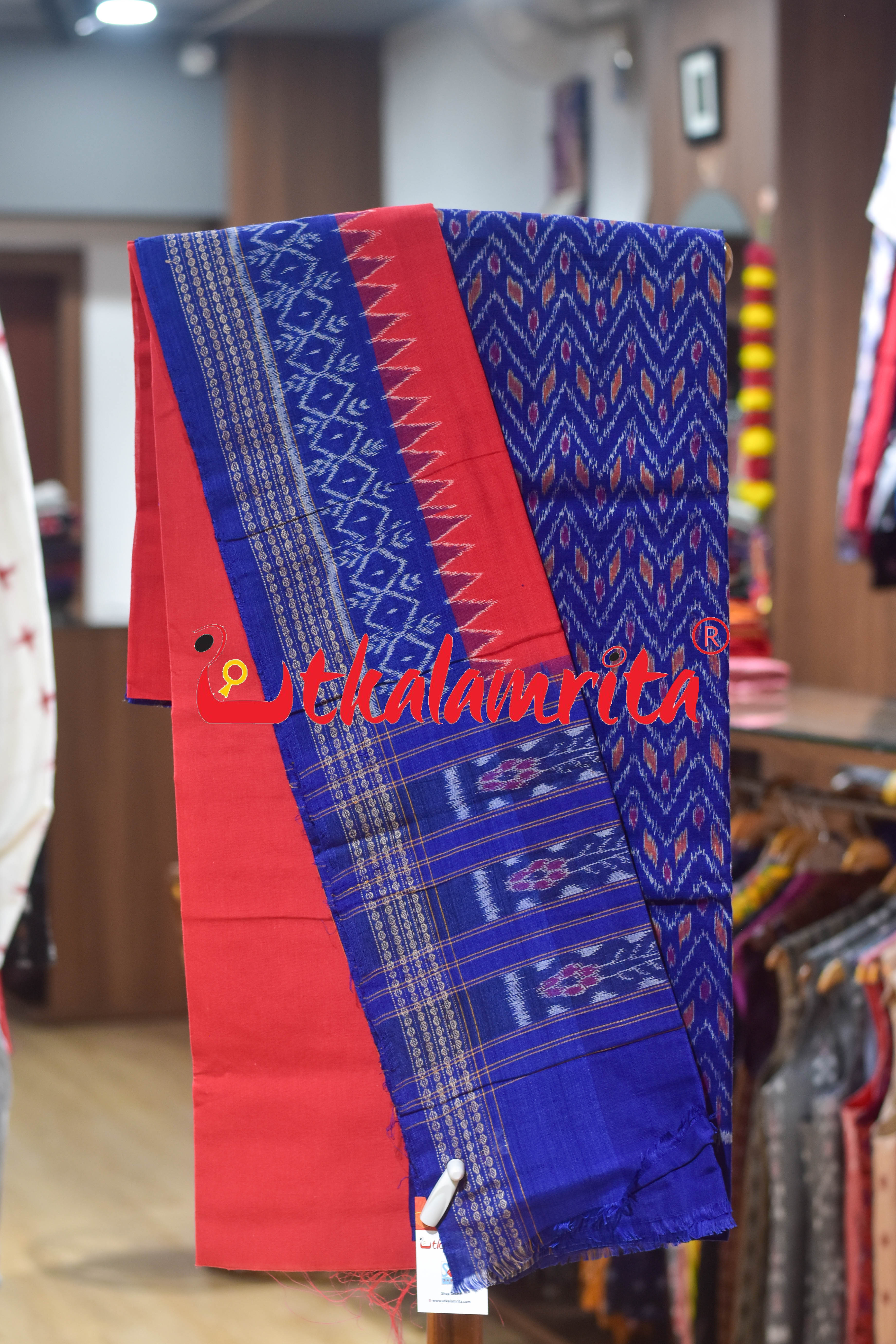 Blue Red Thikiri Waves Sambalpuri Cotton Dress Set