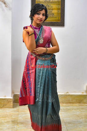 Teal with Maroon Jaala Tussar Silk Saree
