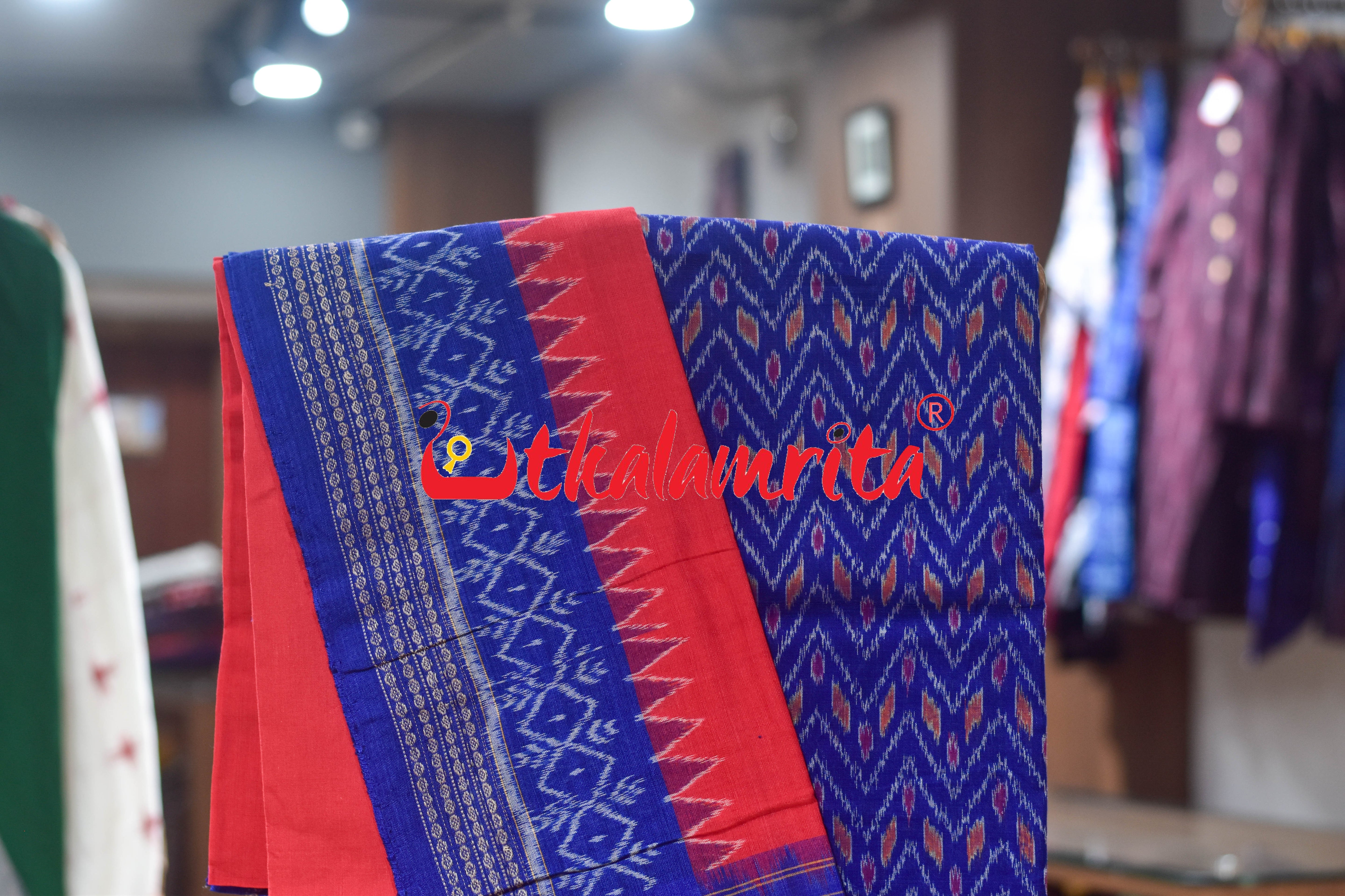 Blue Red Thikiri Waves Sambalpuri Cotton Dress Set
