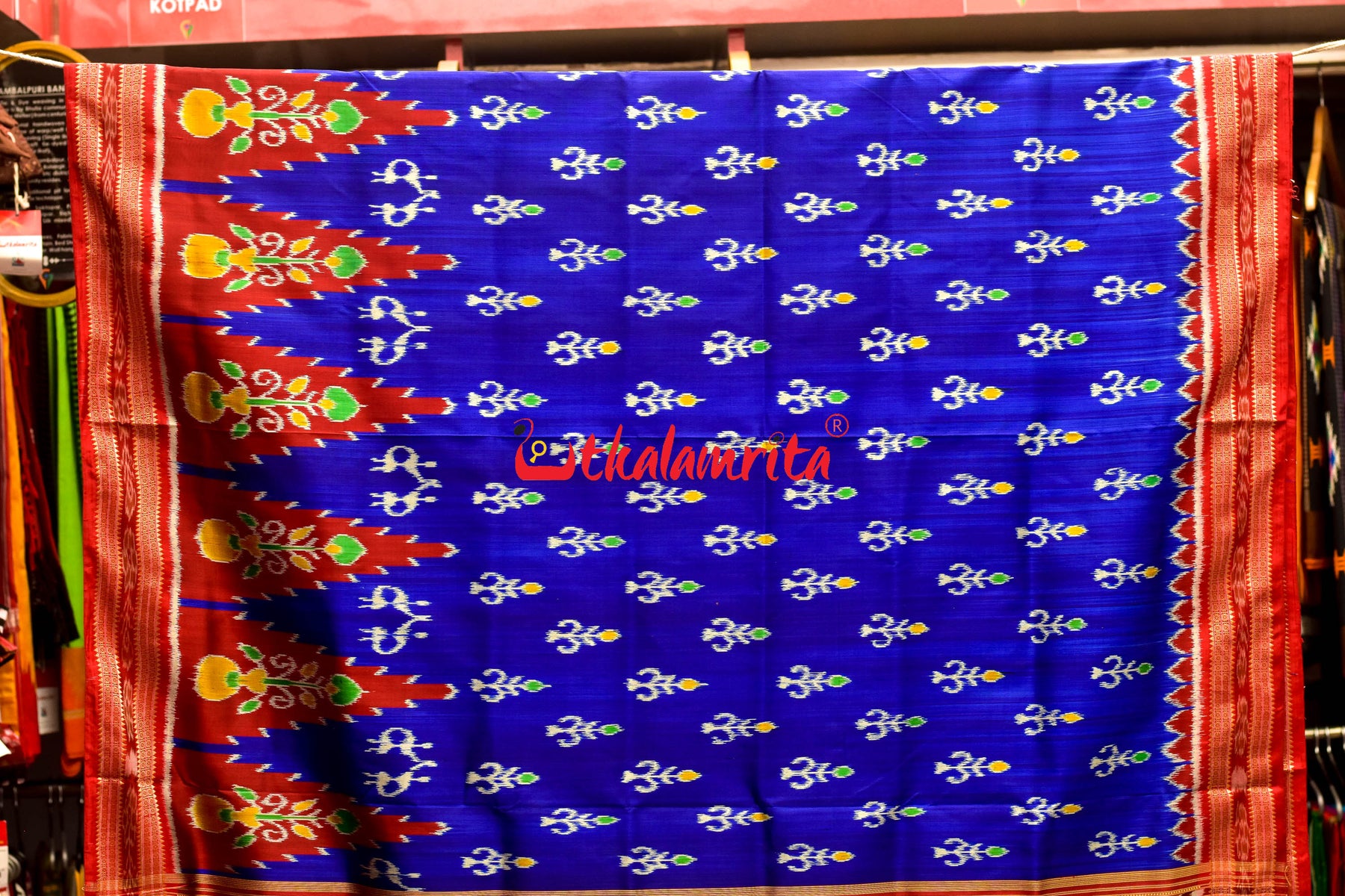 Bada Kumbha Kalasa Tribal Blue Red Khandua Silk Saree