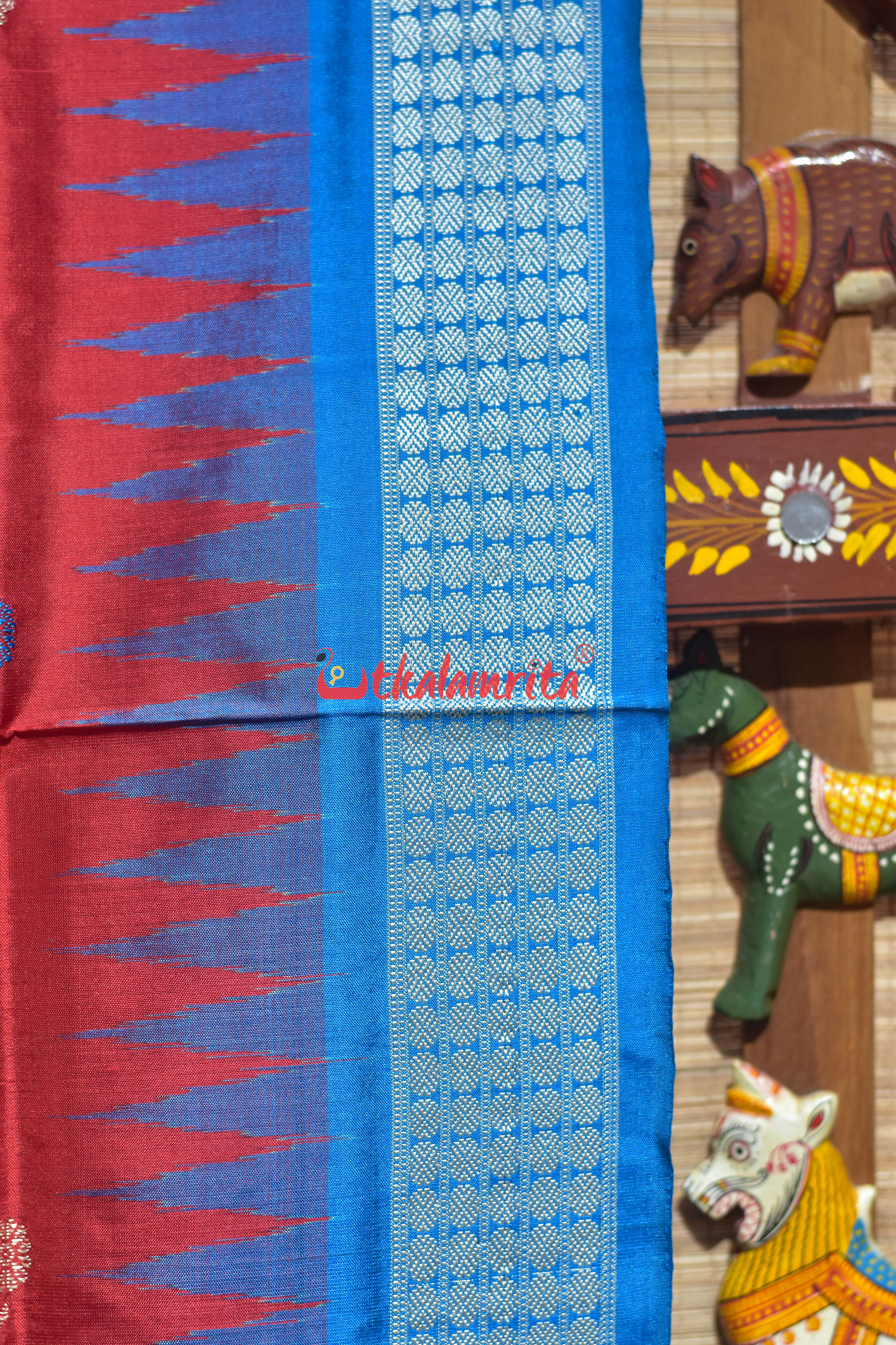 Red Flower Body with Blue Border Bomkai Silk Saree