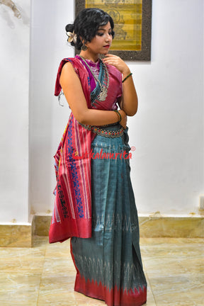 Teal with Maroon Jaala Tussar Silk Saree