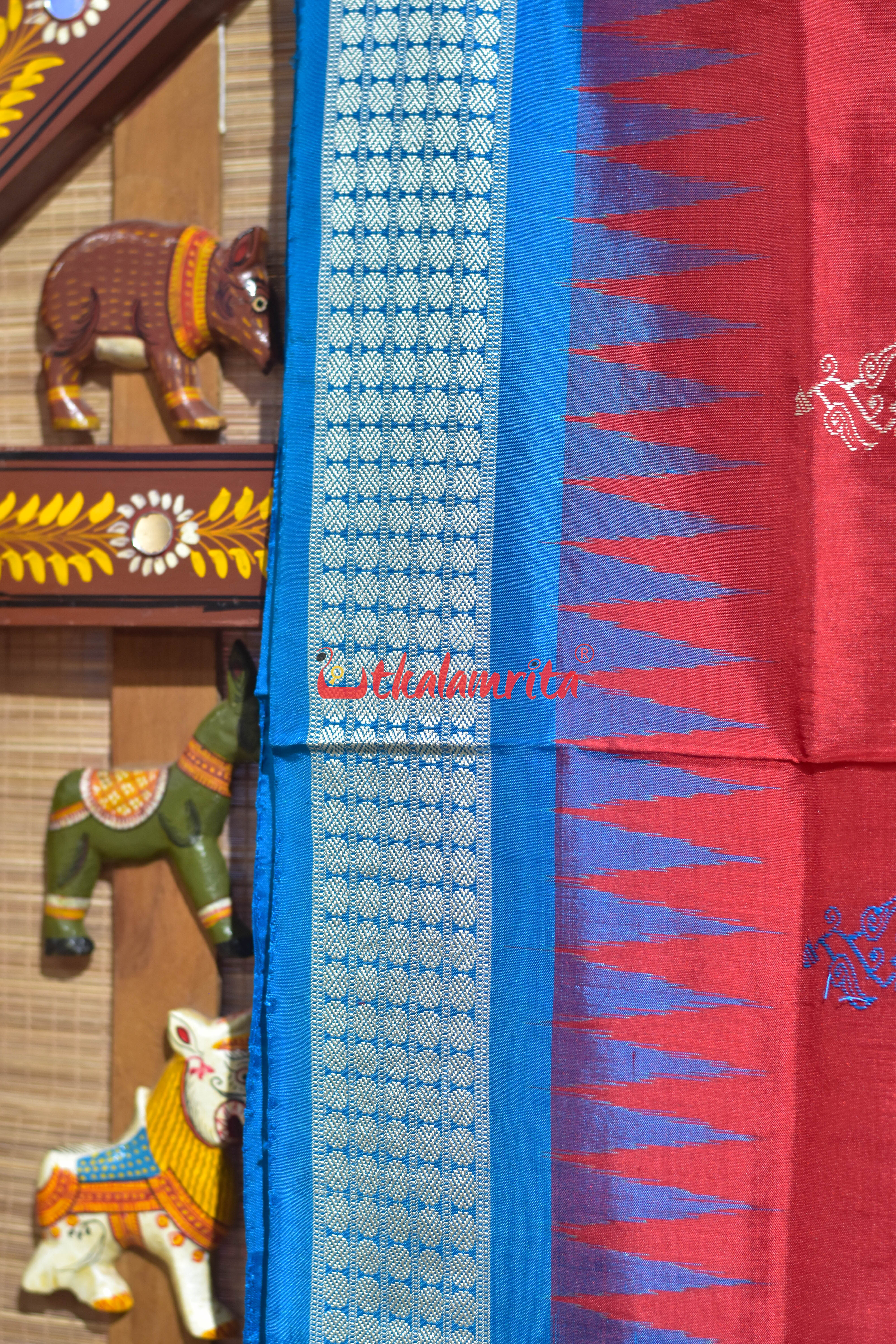 Red Flower Body with Blue Border Bomkai Silk Saree