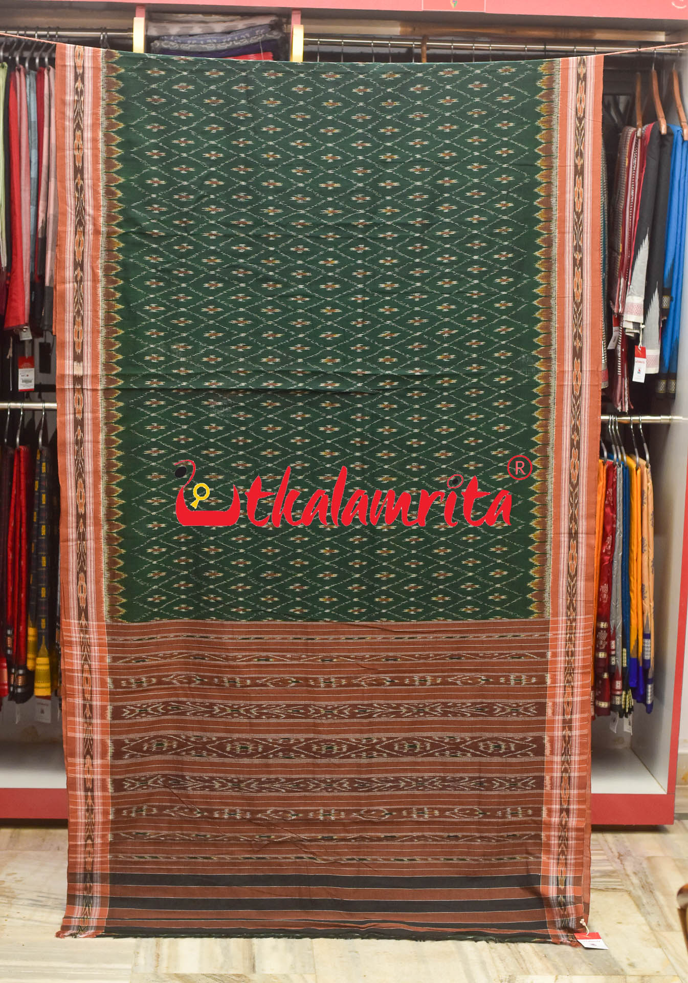 Dark Green Thikiri Phula Khandua Cotton Saree