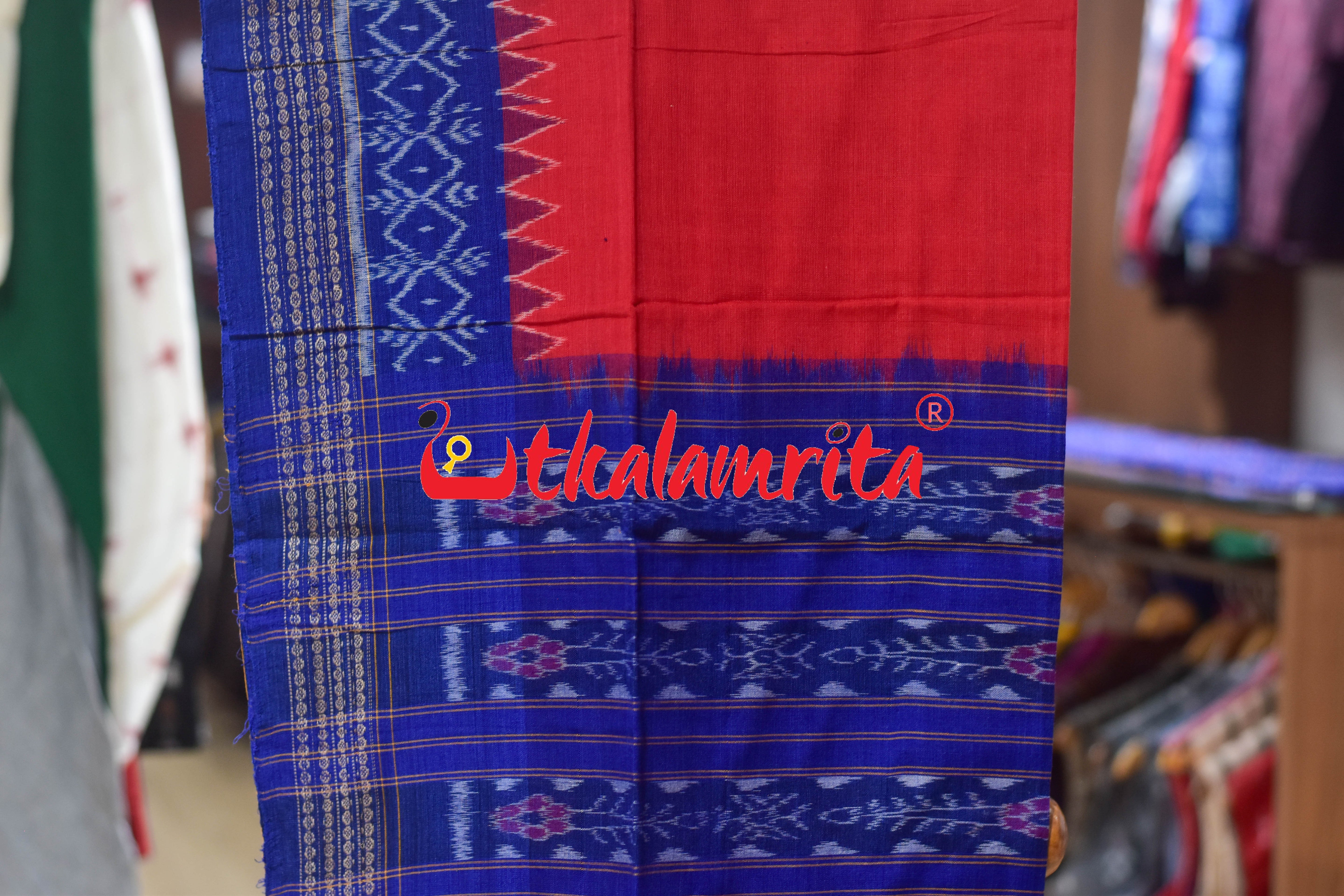 Blue Red Thikiri Waves Sambalpuri Cotton Dress Set