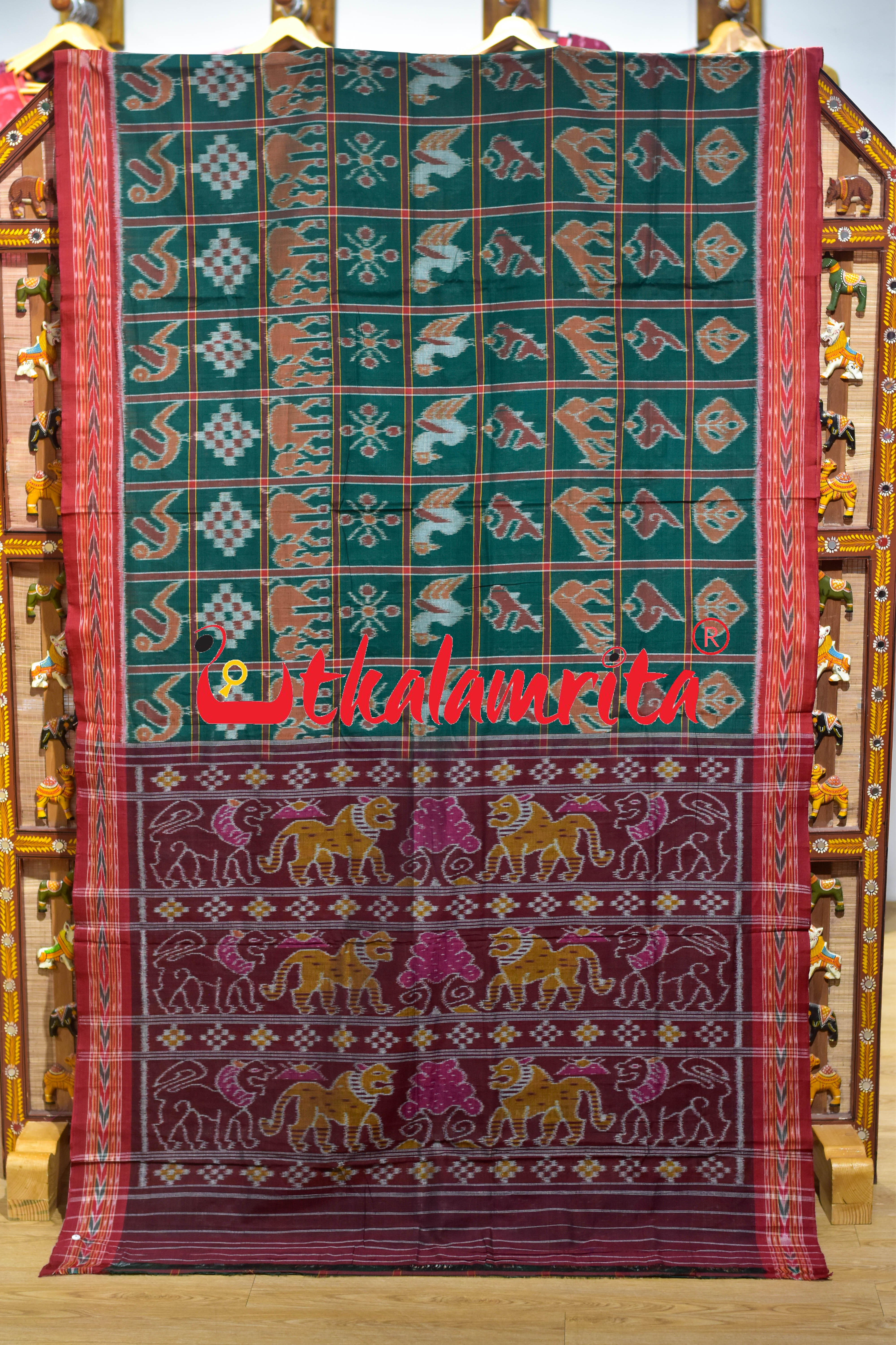 Green Red Dhanpatri Nabakothi Khandua Cotton Saree