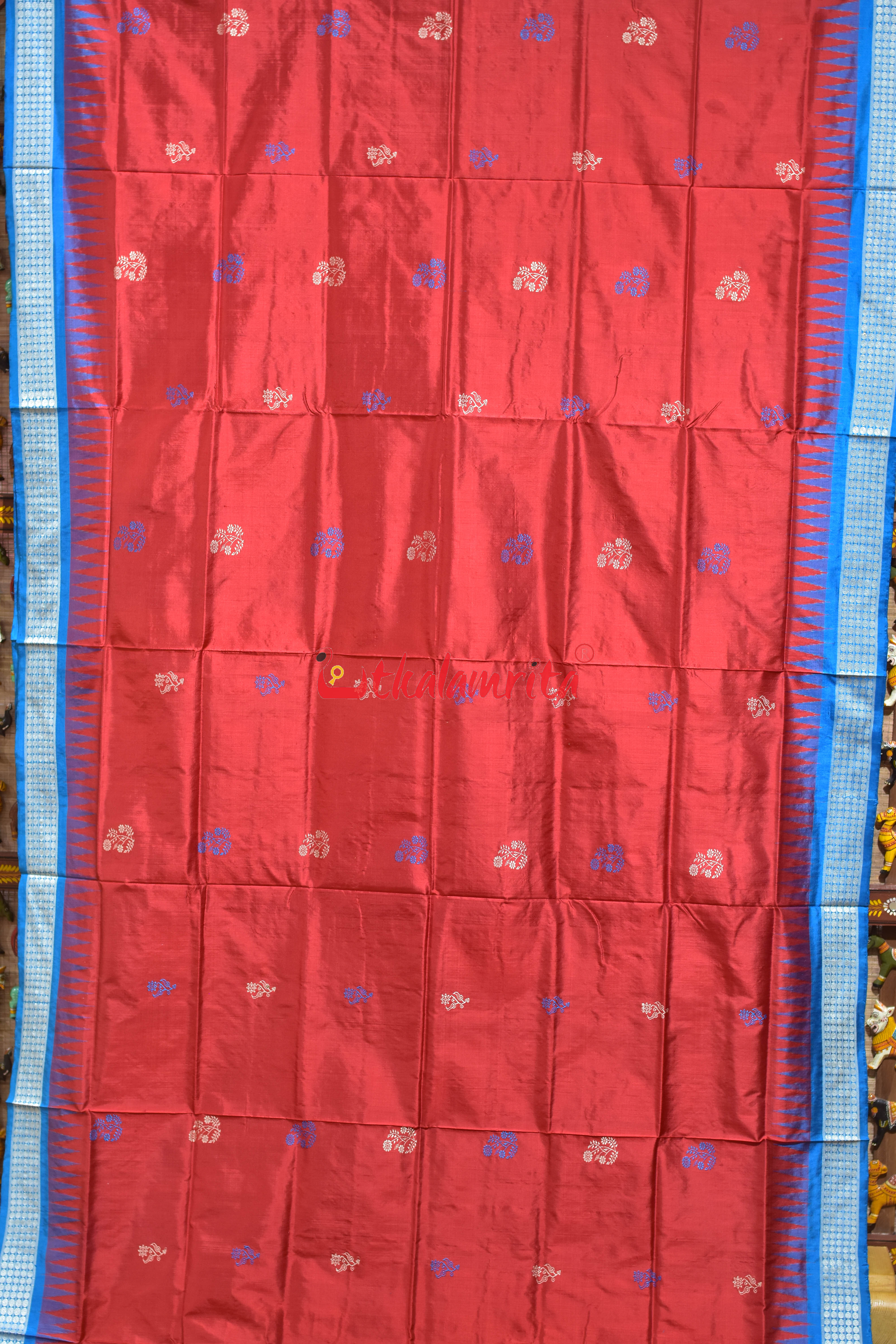 Red Flower Body with Blue Border Bomkai Silk Saree