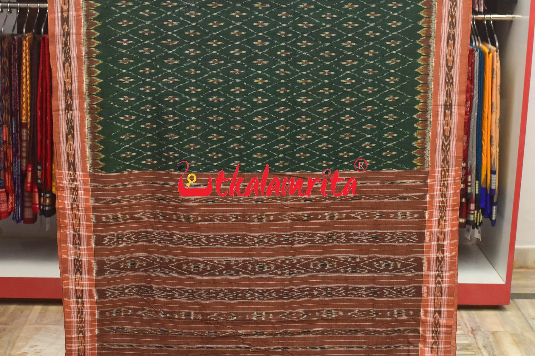 Dark Green Thikiri Phula Khandua Cotton Saree