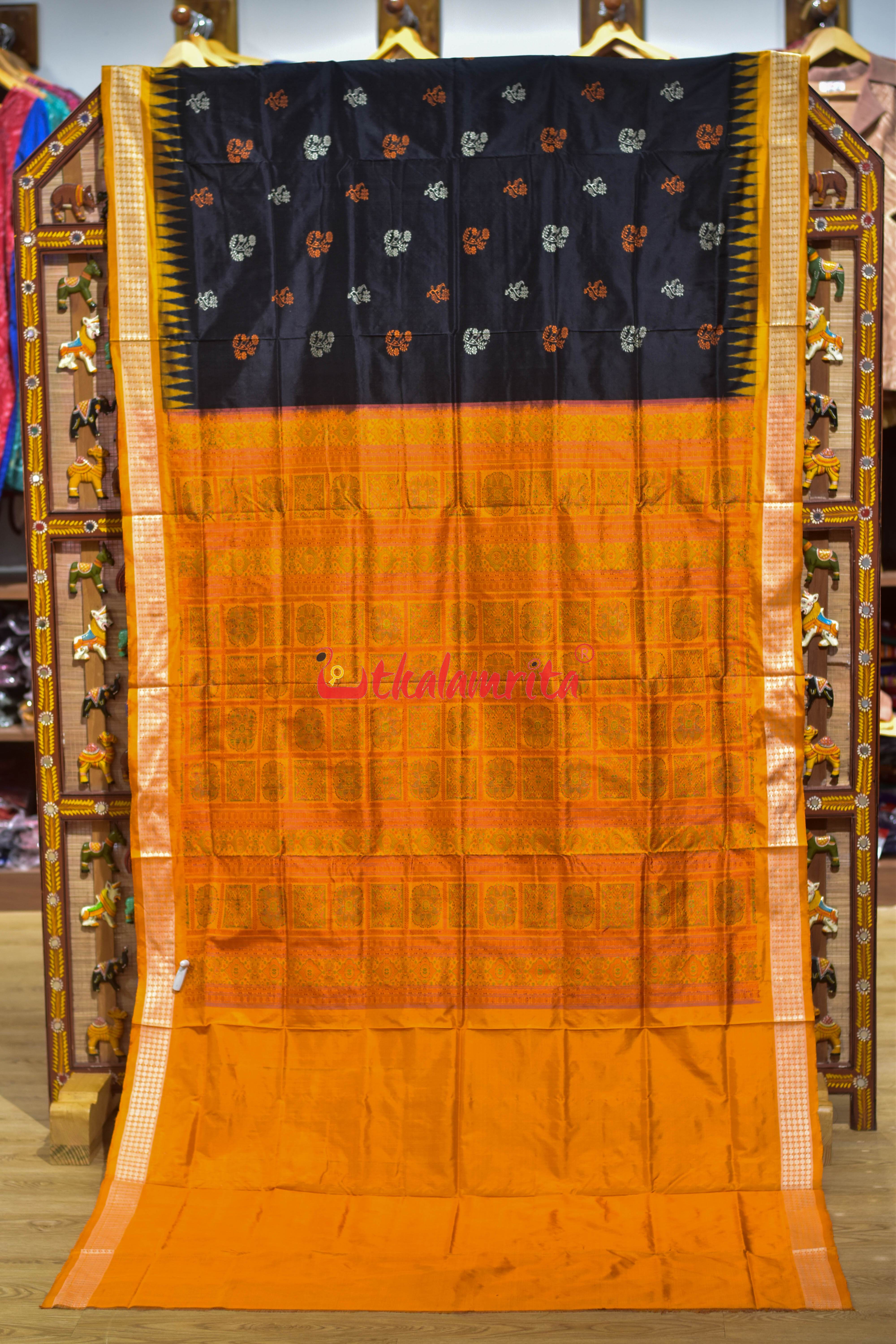 Black Orange Phula Dala Bomkai Silk Saree
