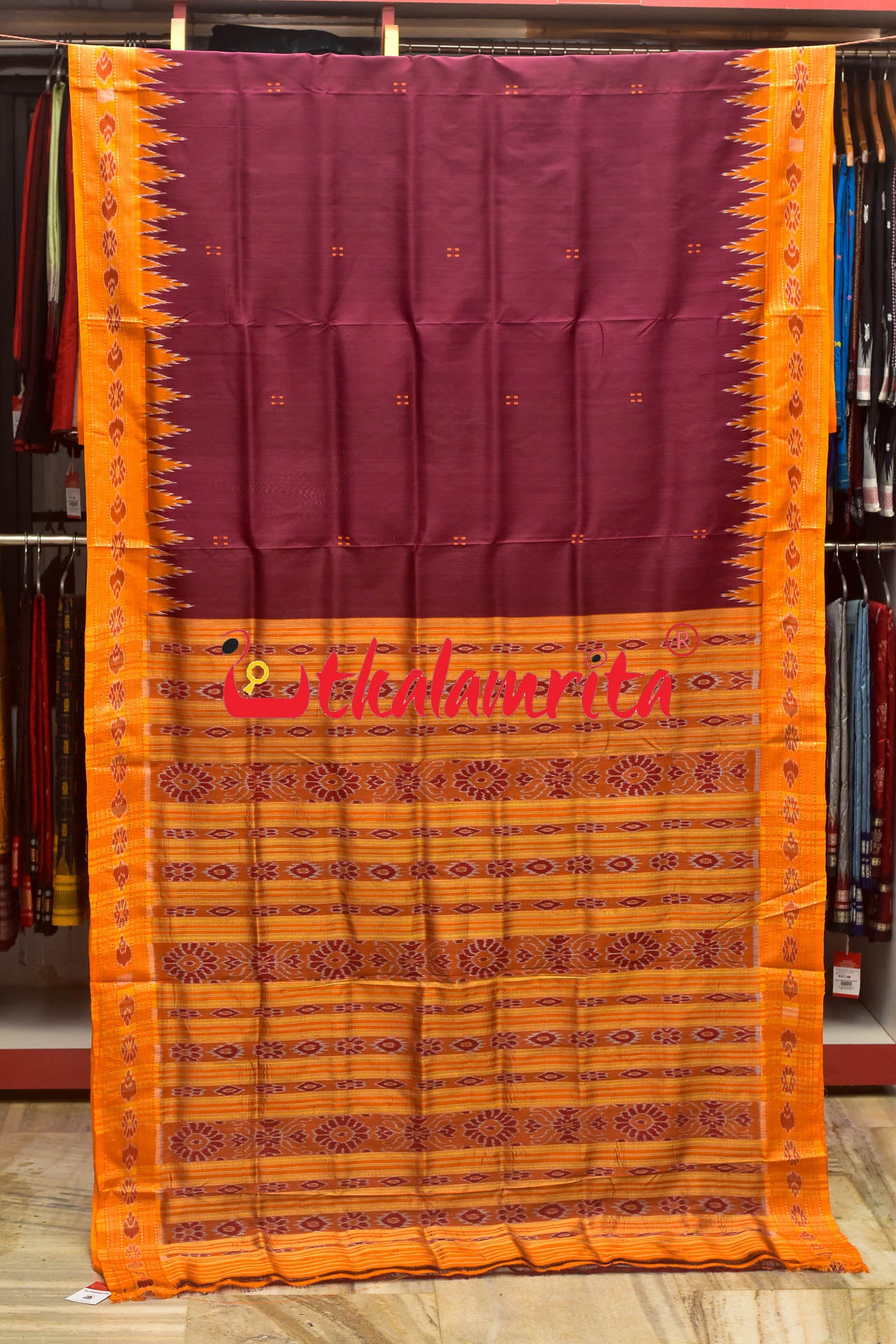 Jamun Orange Buti Khandua Silk Saree