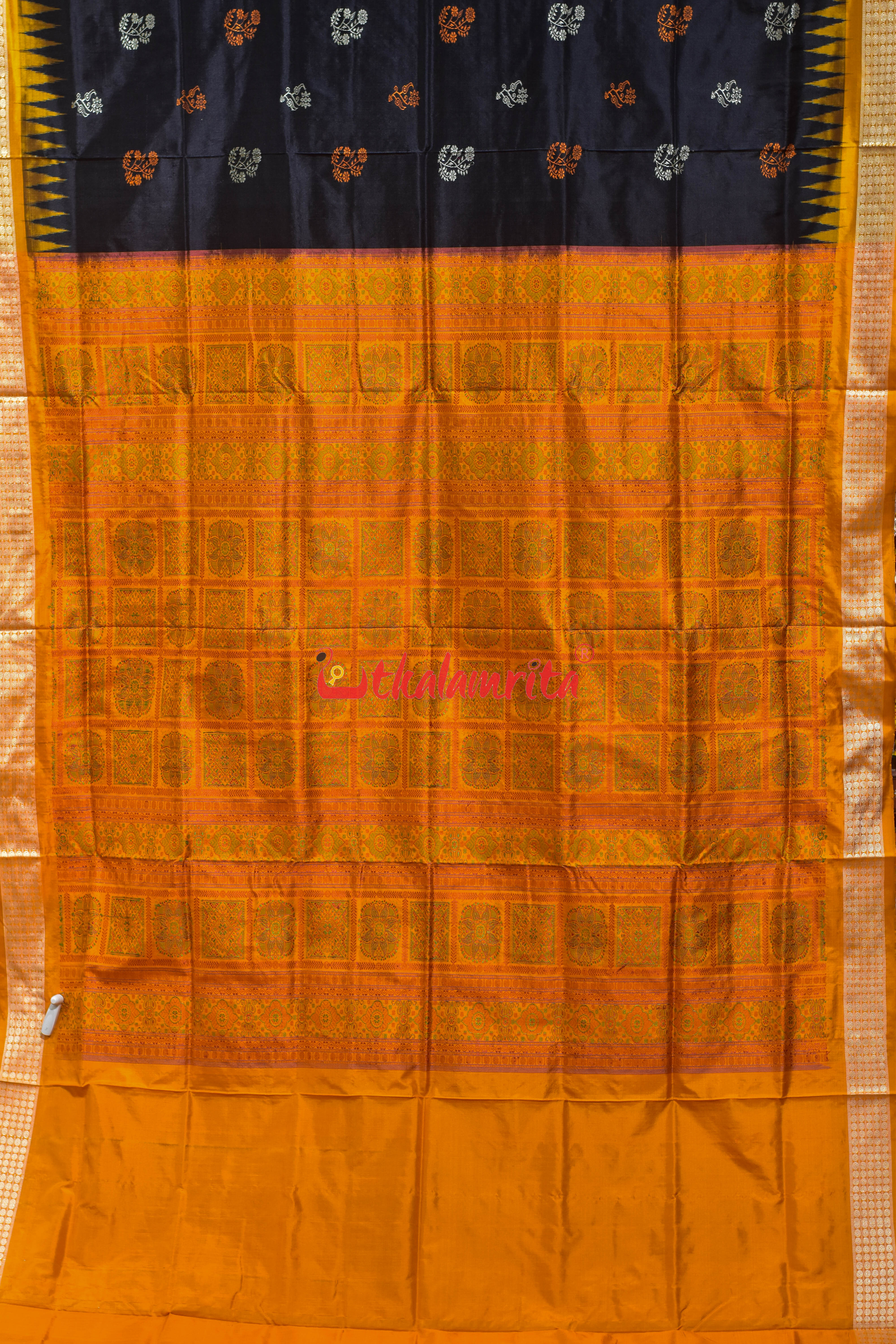 Black Orange Phula Dala Bomkai Silk Saree