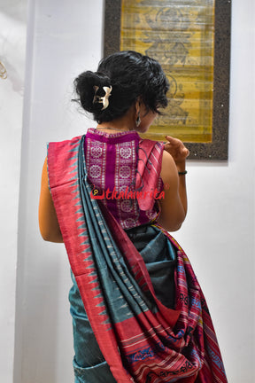 Teal with Maroon Jaala Tussar Silk Saree