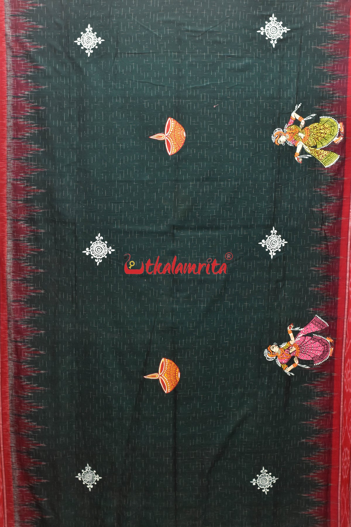 Bottle Green Jharana with Diwali Pattachitra Cotton Saree