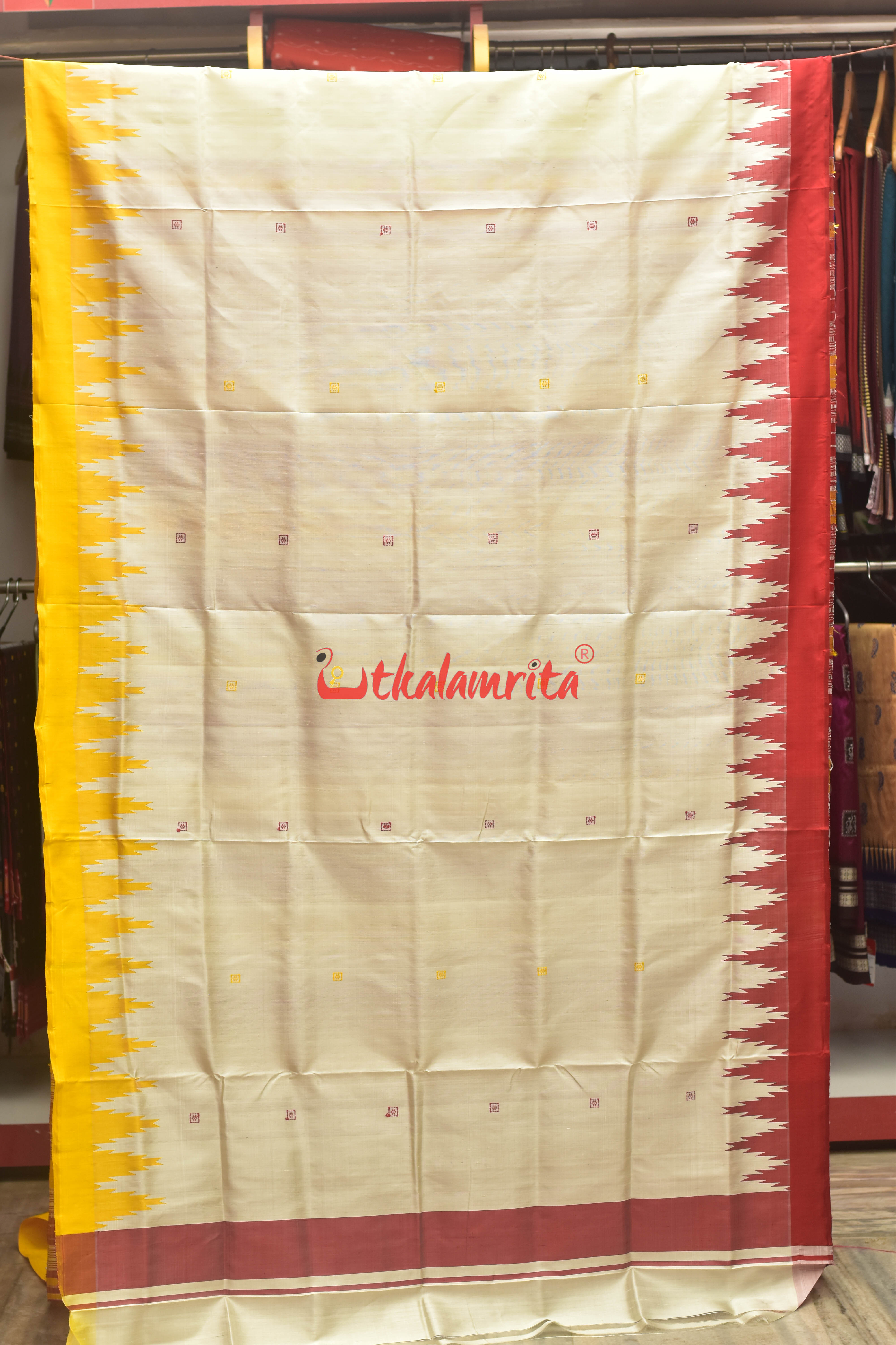 White Ganga Jamuna Yellow Red Double Anchal Berhampuri Silk Saree