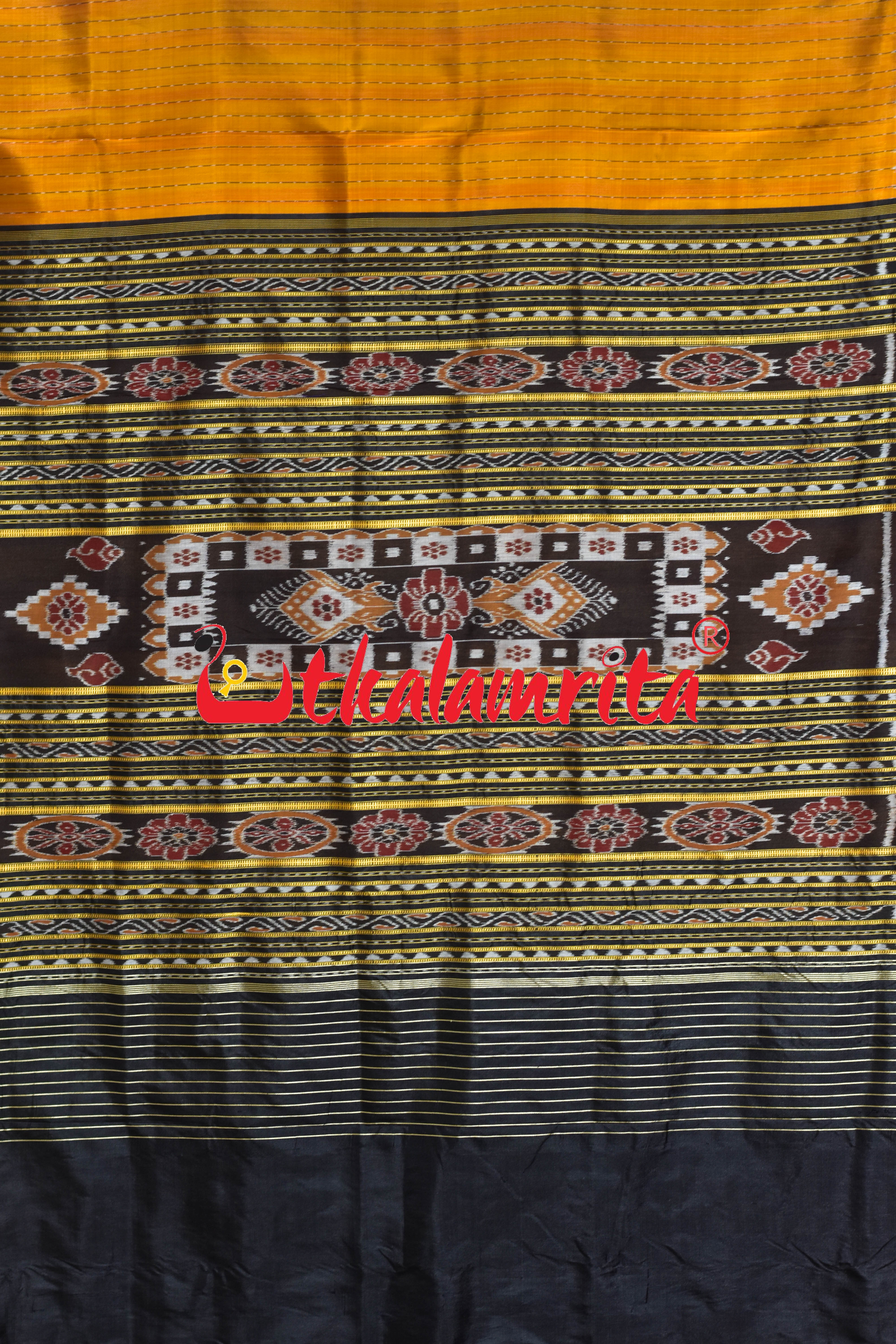 Golden Black Lines Single Flower Khandua Silk Saree