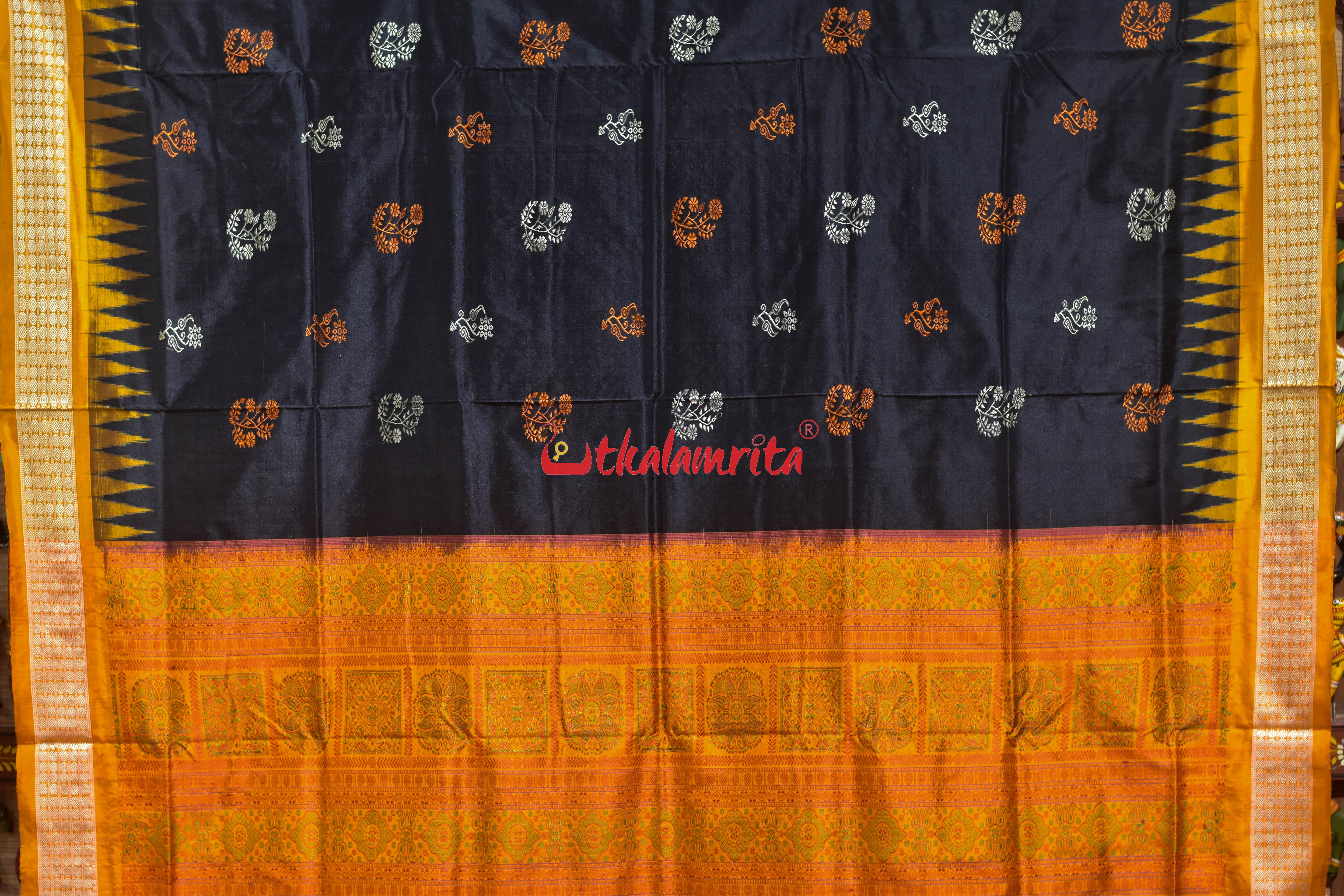 Black Orange Phula Dala Bomkai Silk Saree