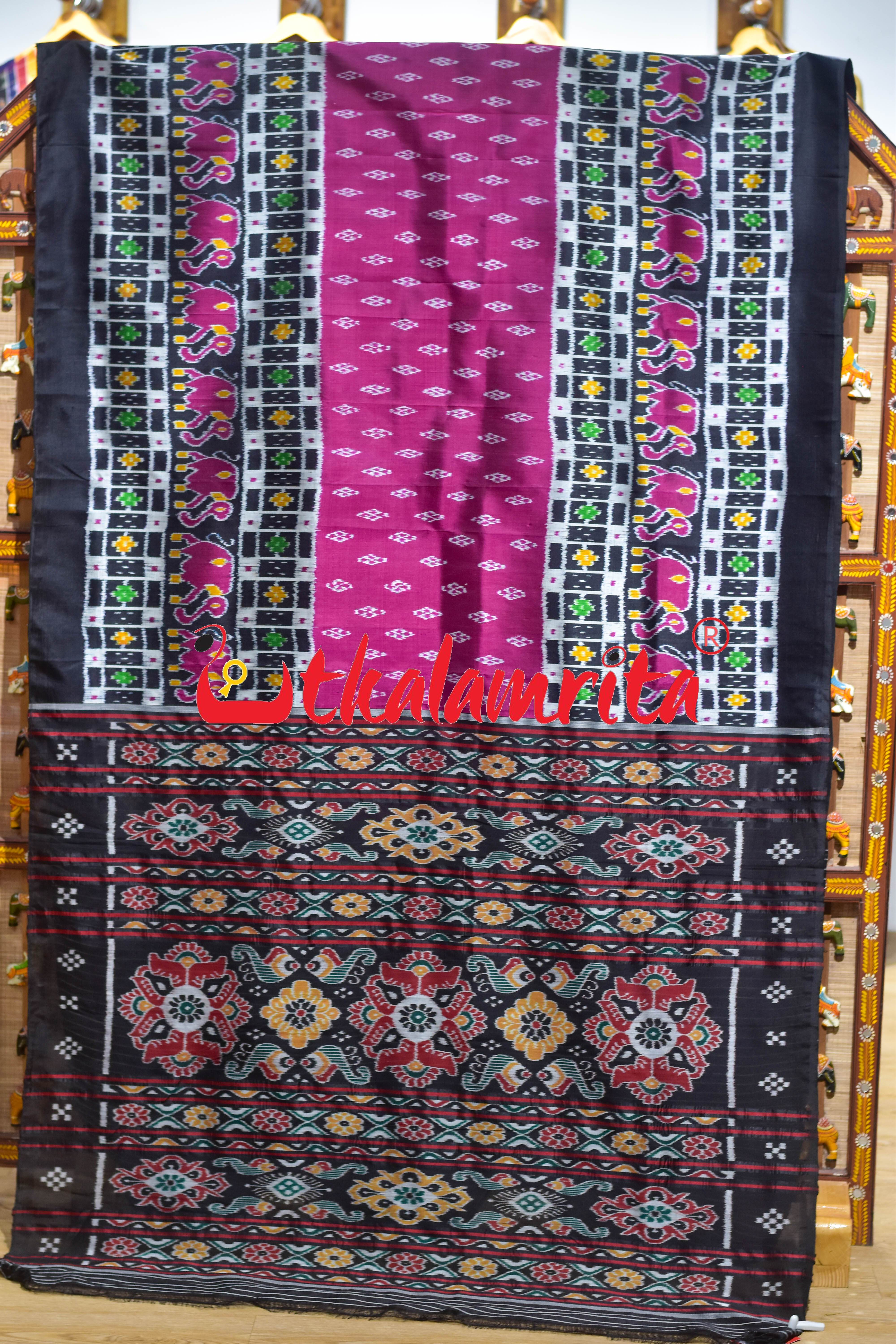 Purple Black Border Elephant Pasapali Khandua Silk Saree