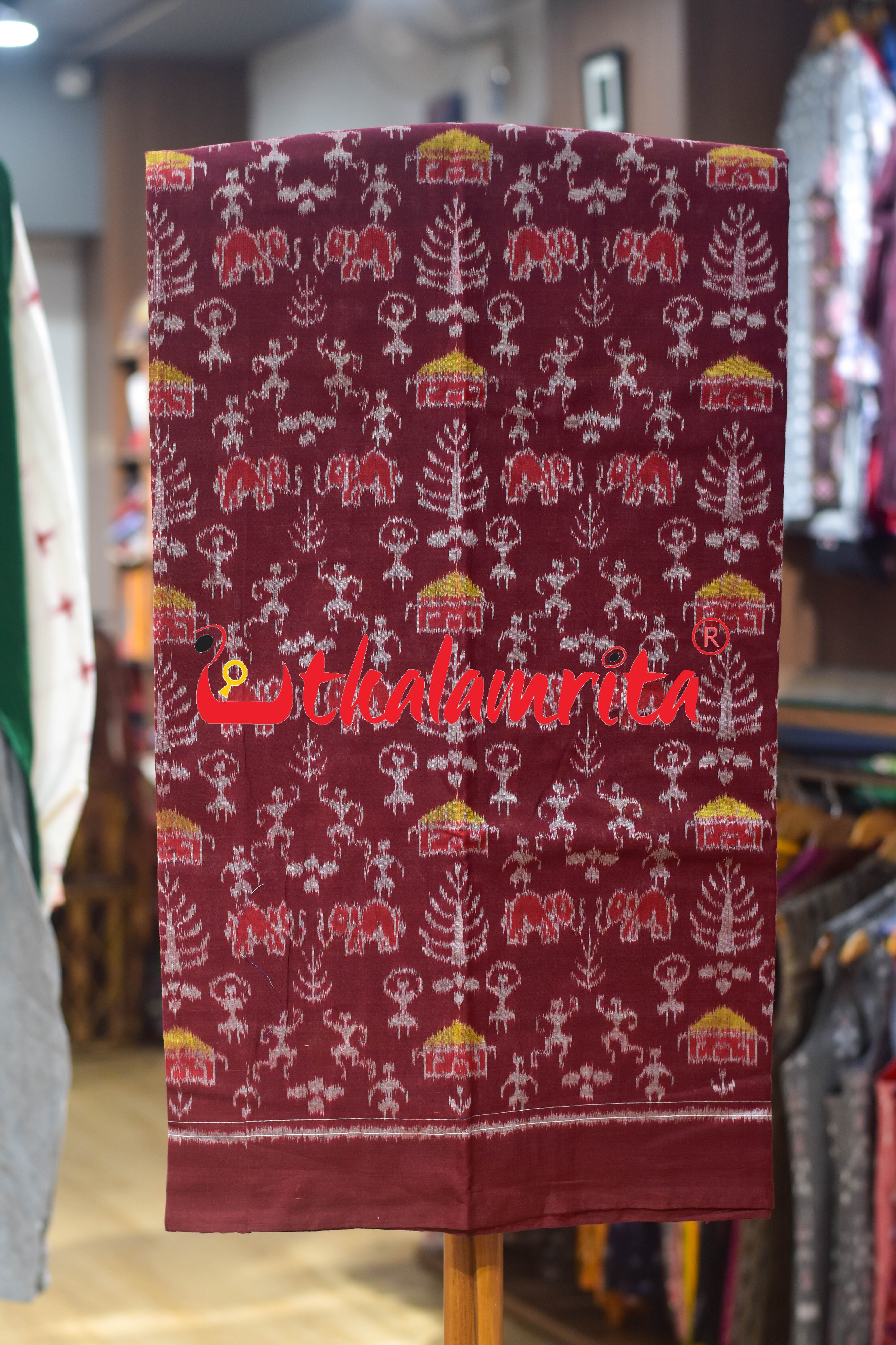 Maroon Yellow Adibasi Theme Sambalpuri Cotton Dress Set