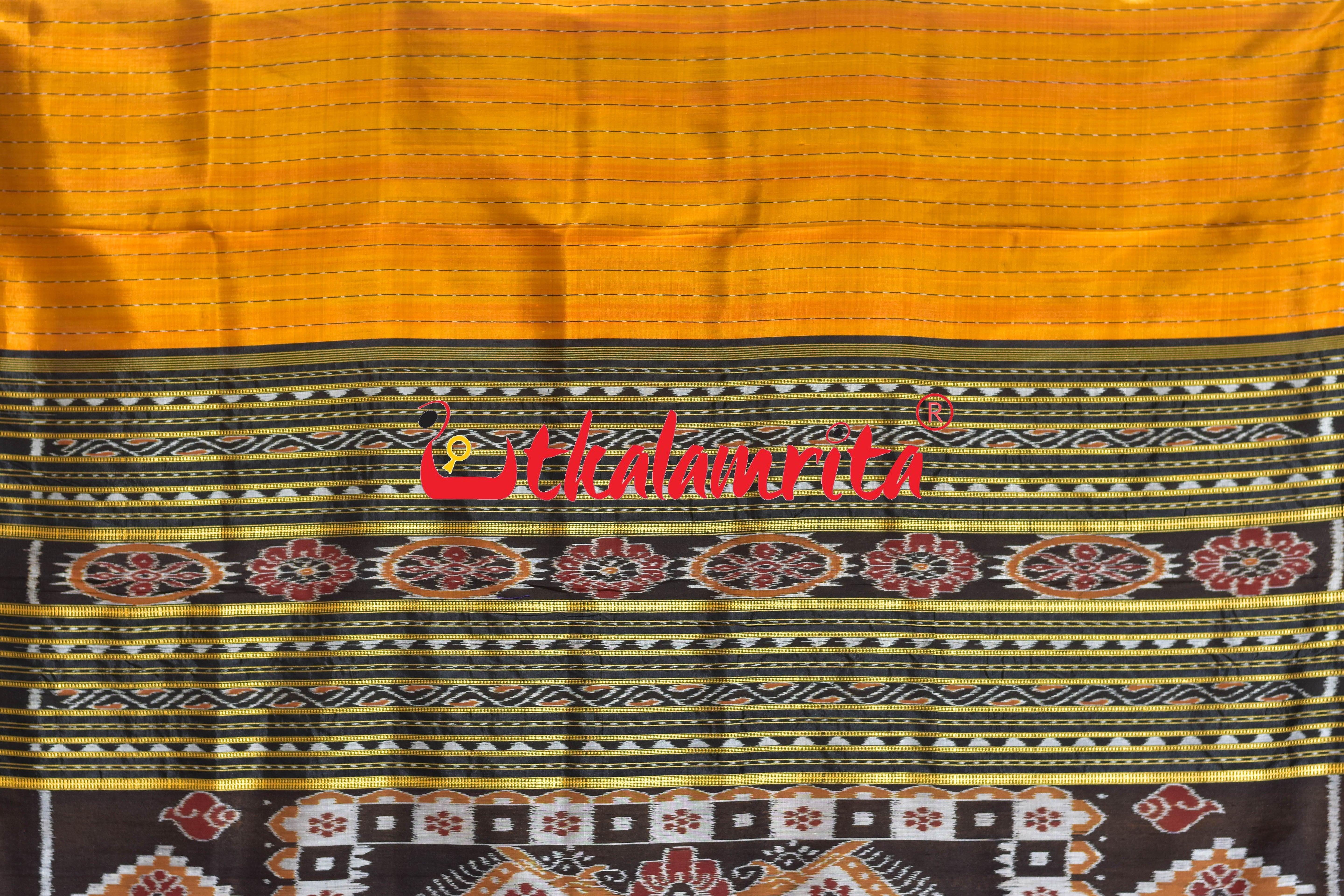 Golden Black Lines Single Flower Khandua Silk Saree