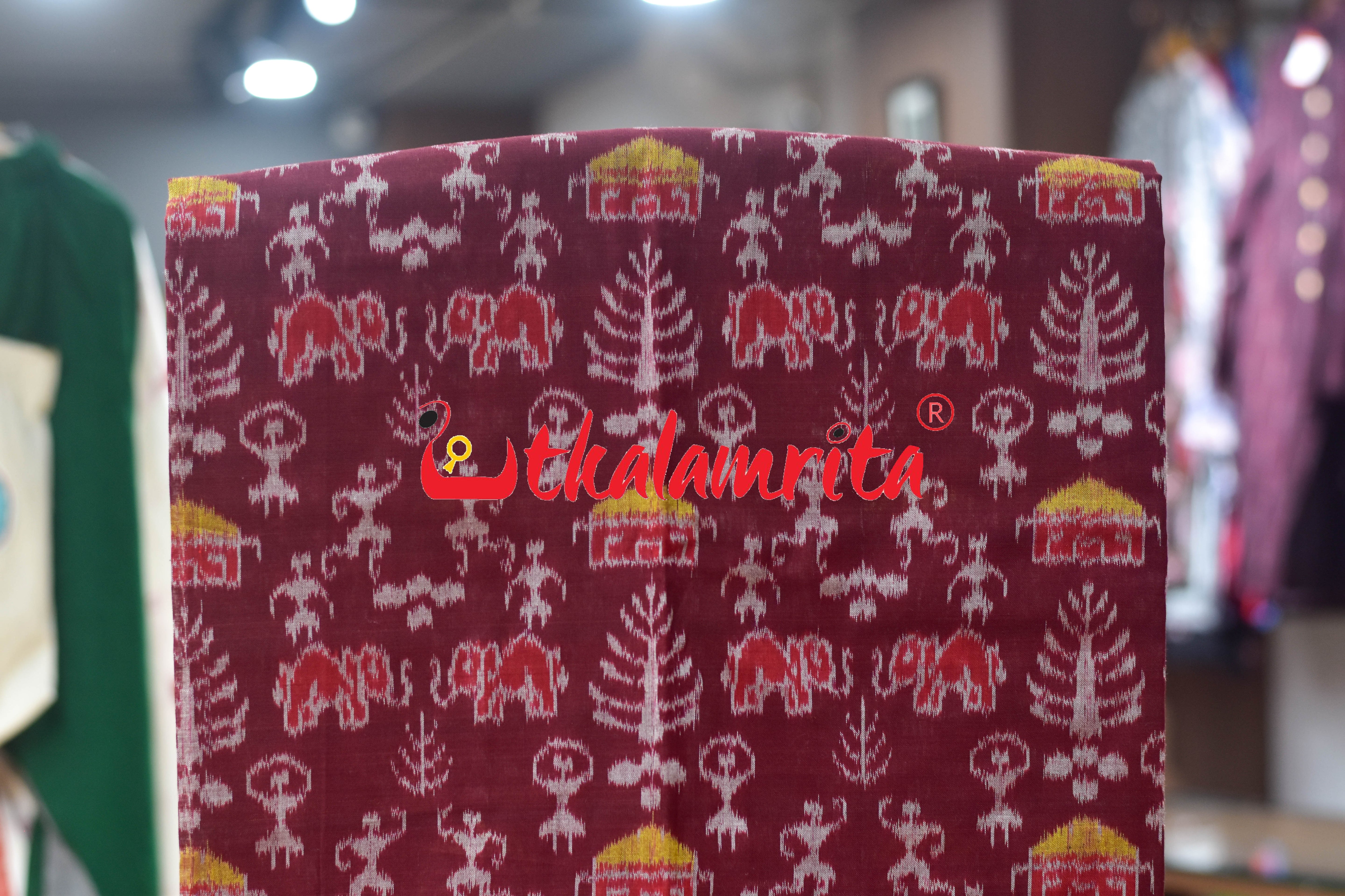 Maroon Yellow Adibasi Theme Sambalpuri Cotton Dress Set