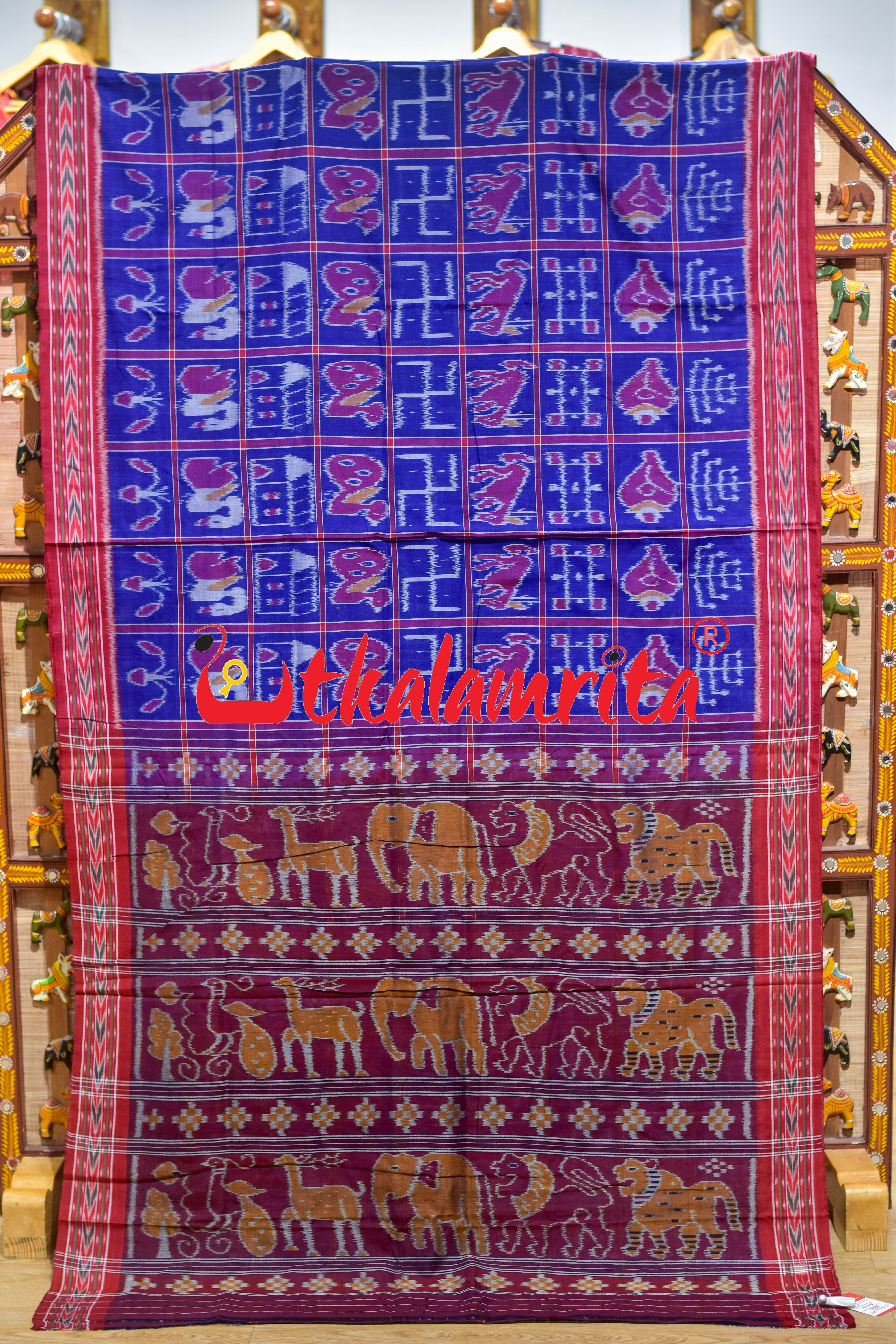 Blue Red Dhanpatri Nabakothi Khandua Cotton Saree
