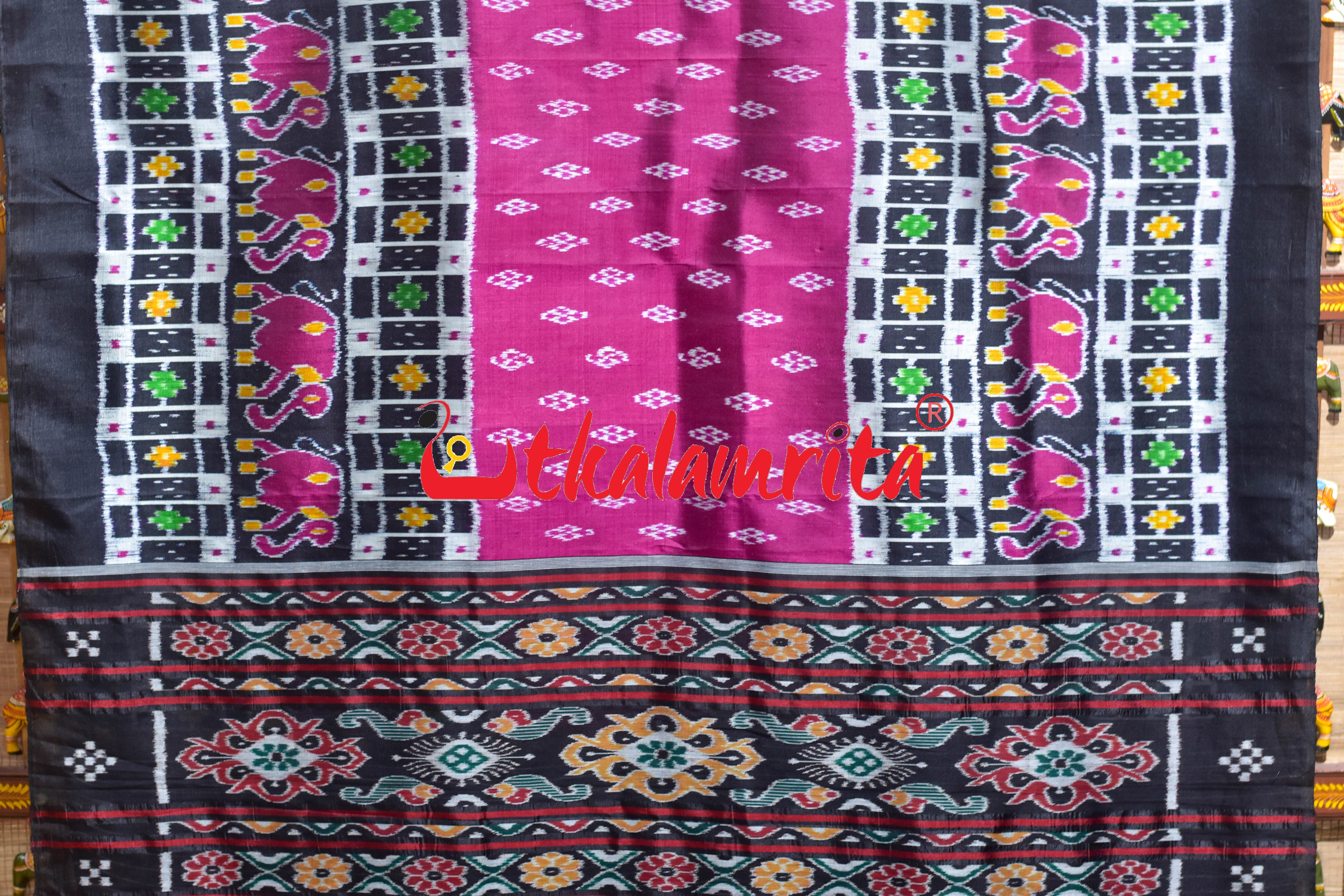 Purple Black Border Elephant Pasapali Khandua Silk Saree