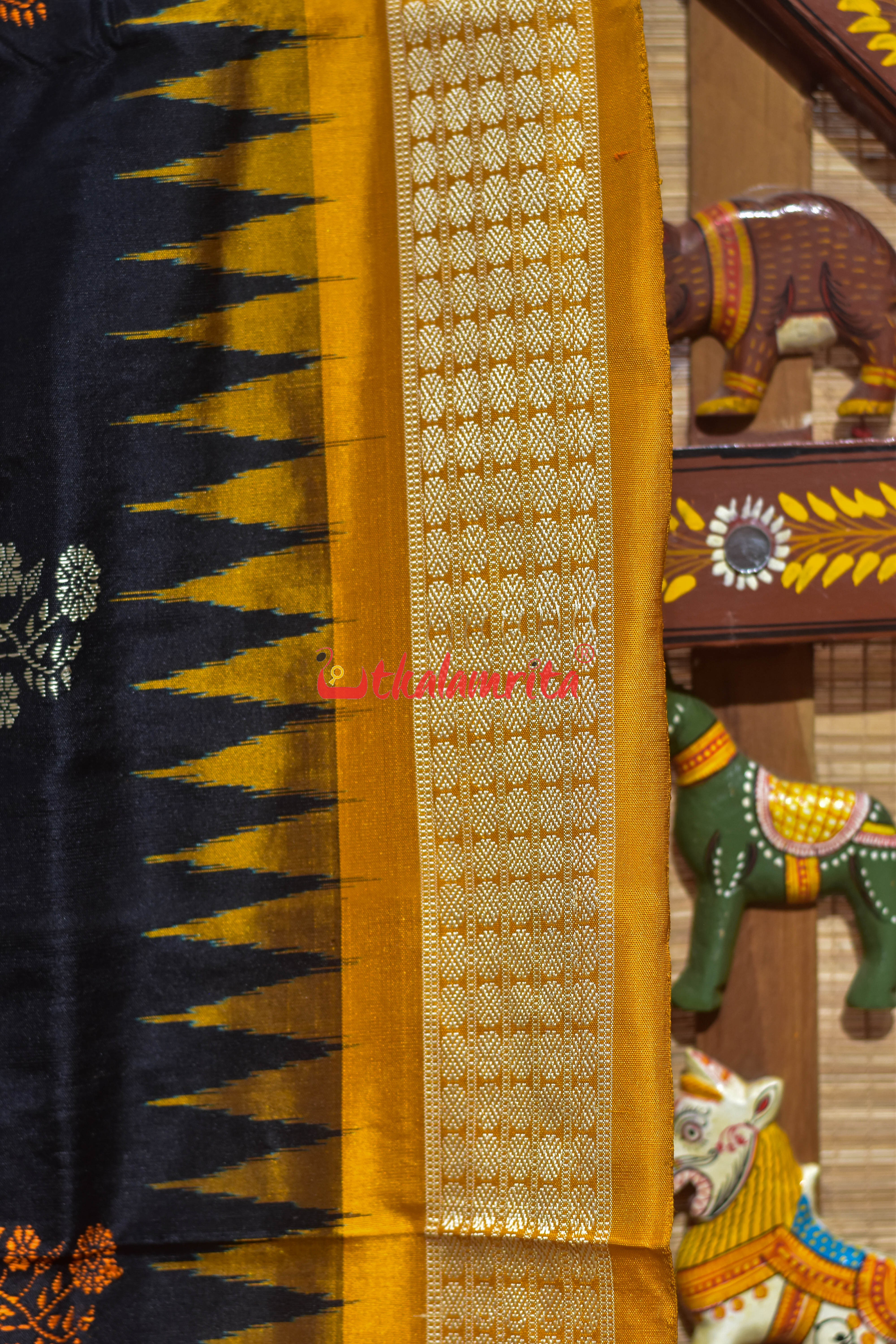 Black Orange Phula Dala Bomkai Silk Saree