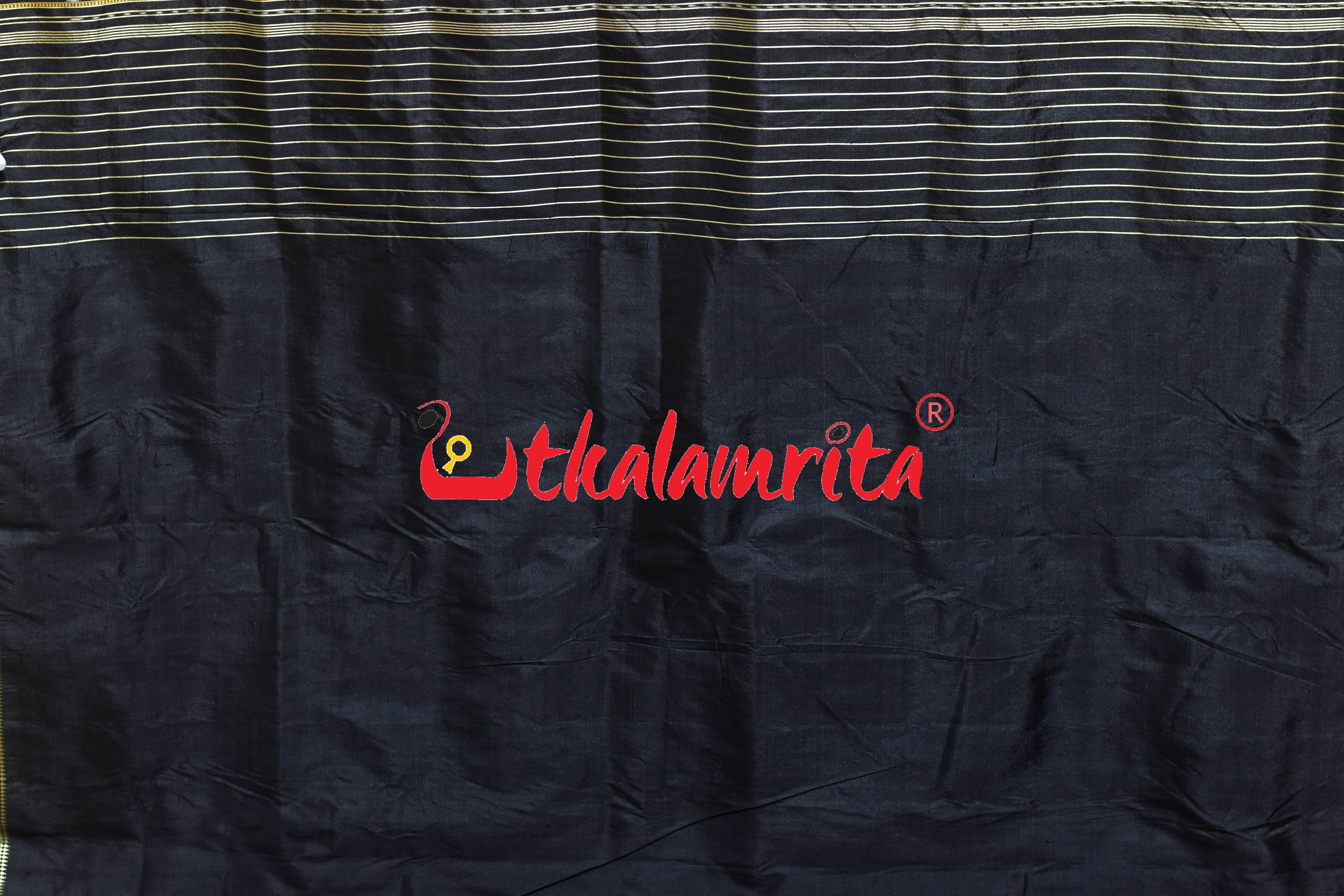 Golden Black Lines Single Flower Khandua Silk Saree