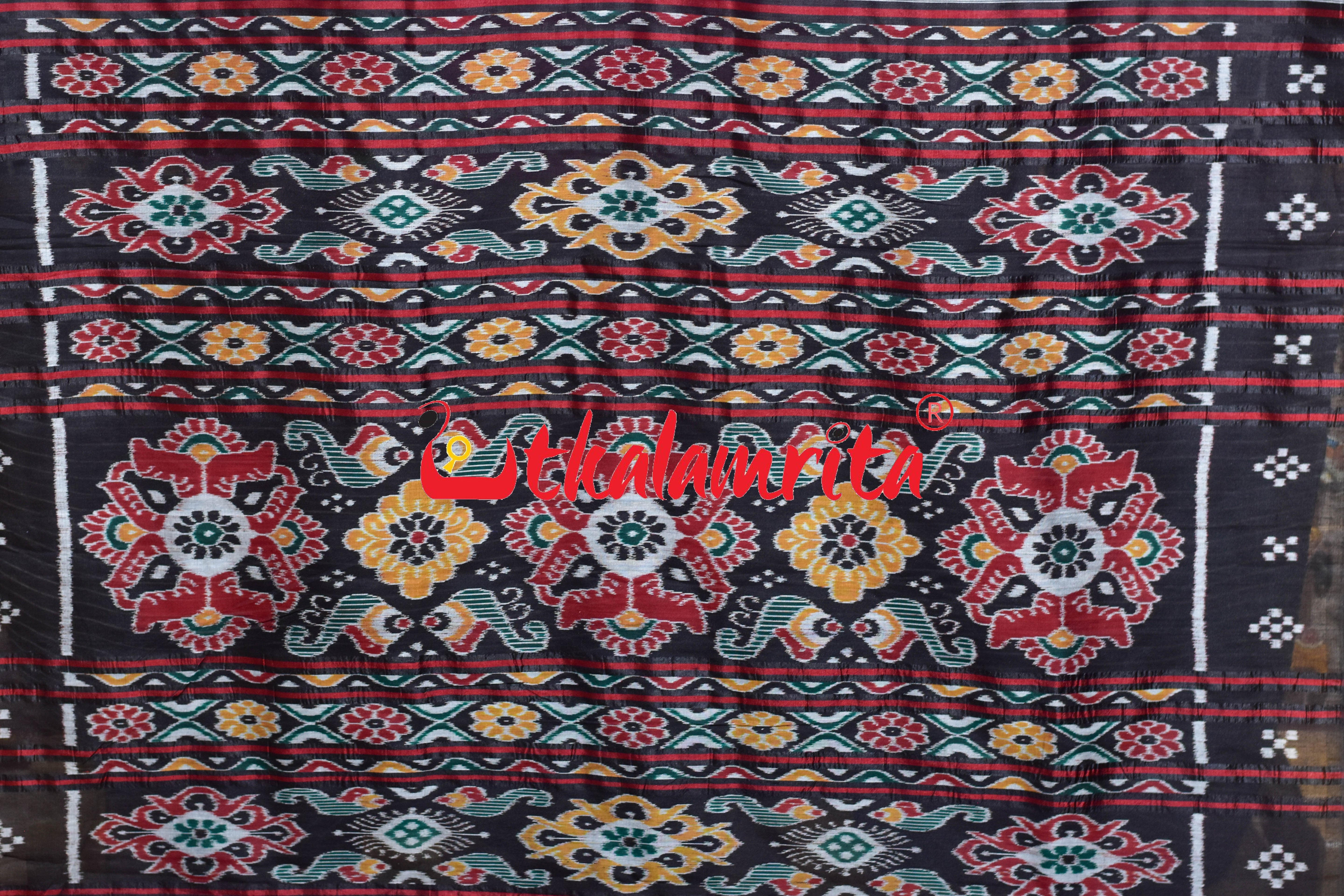 Purple Black Border Elephant Pasapali Khandua Silk Saree