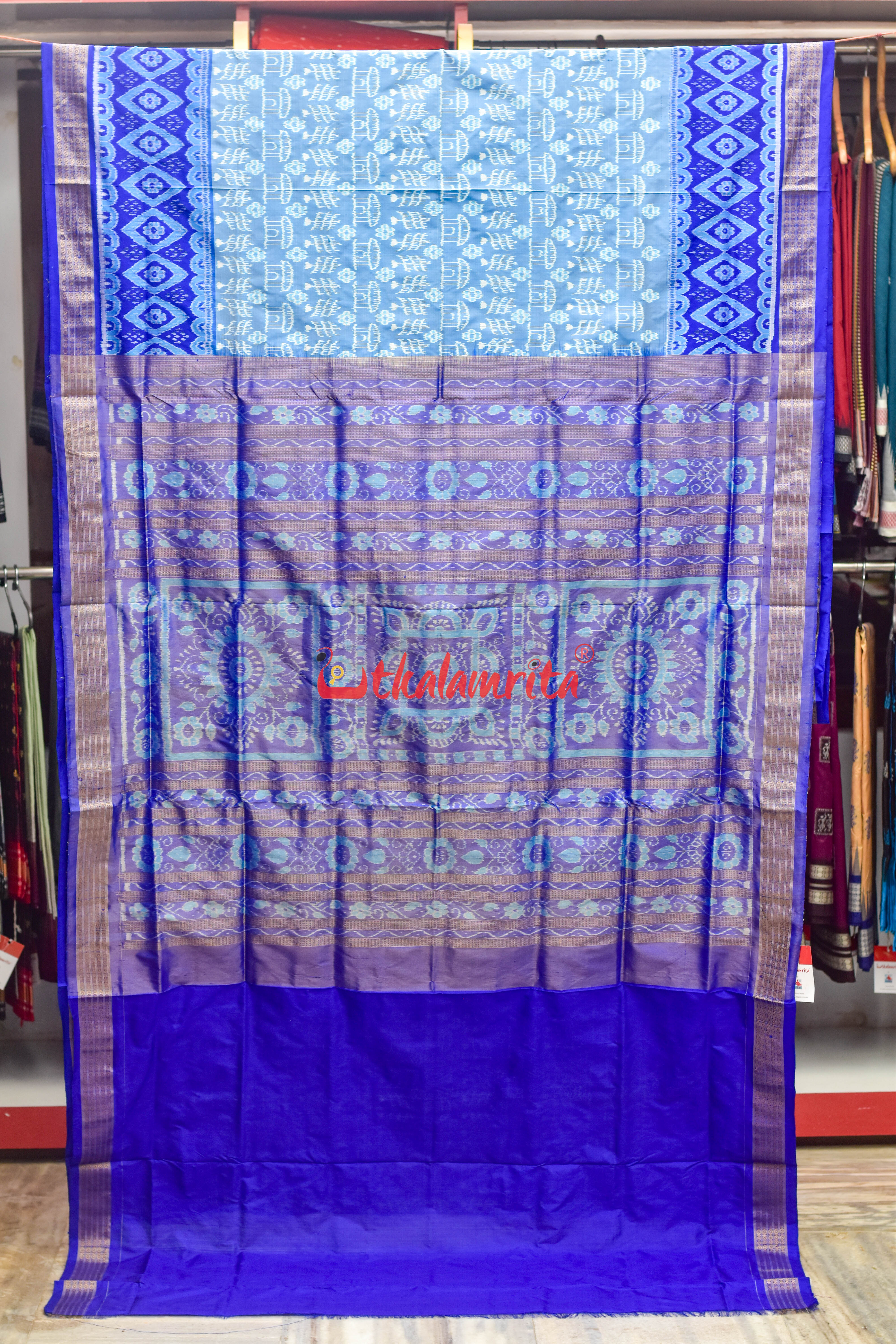Sky Blue Deep Blue Half Tissue Sambalpuri Silk Saree