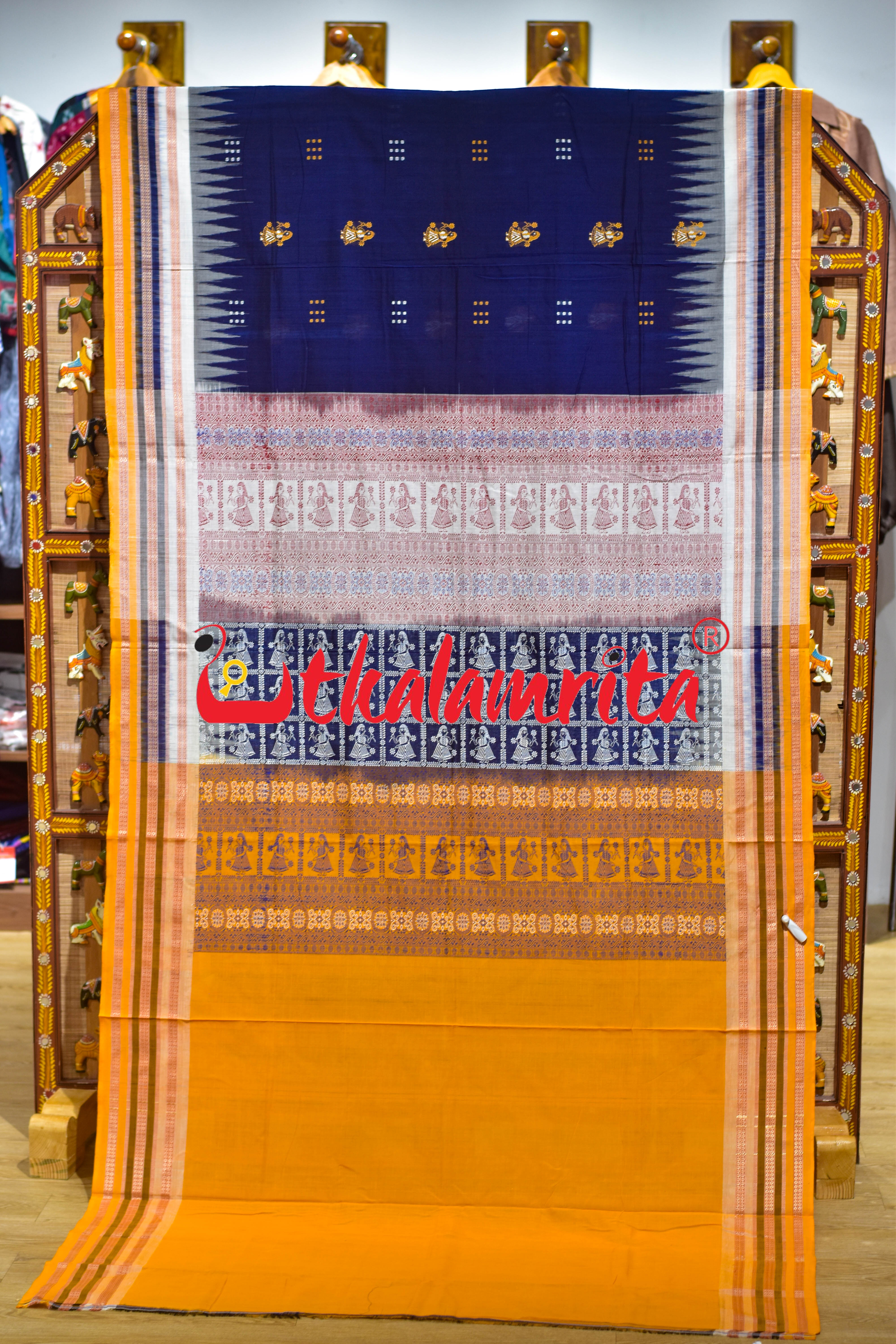 Navy Blue Yellow 3 Dhadi Doll Bomkai Cotton Saree