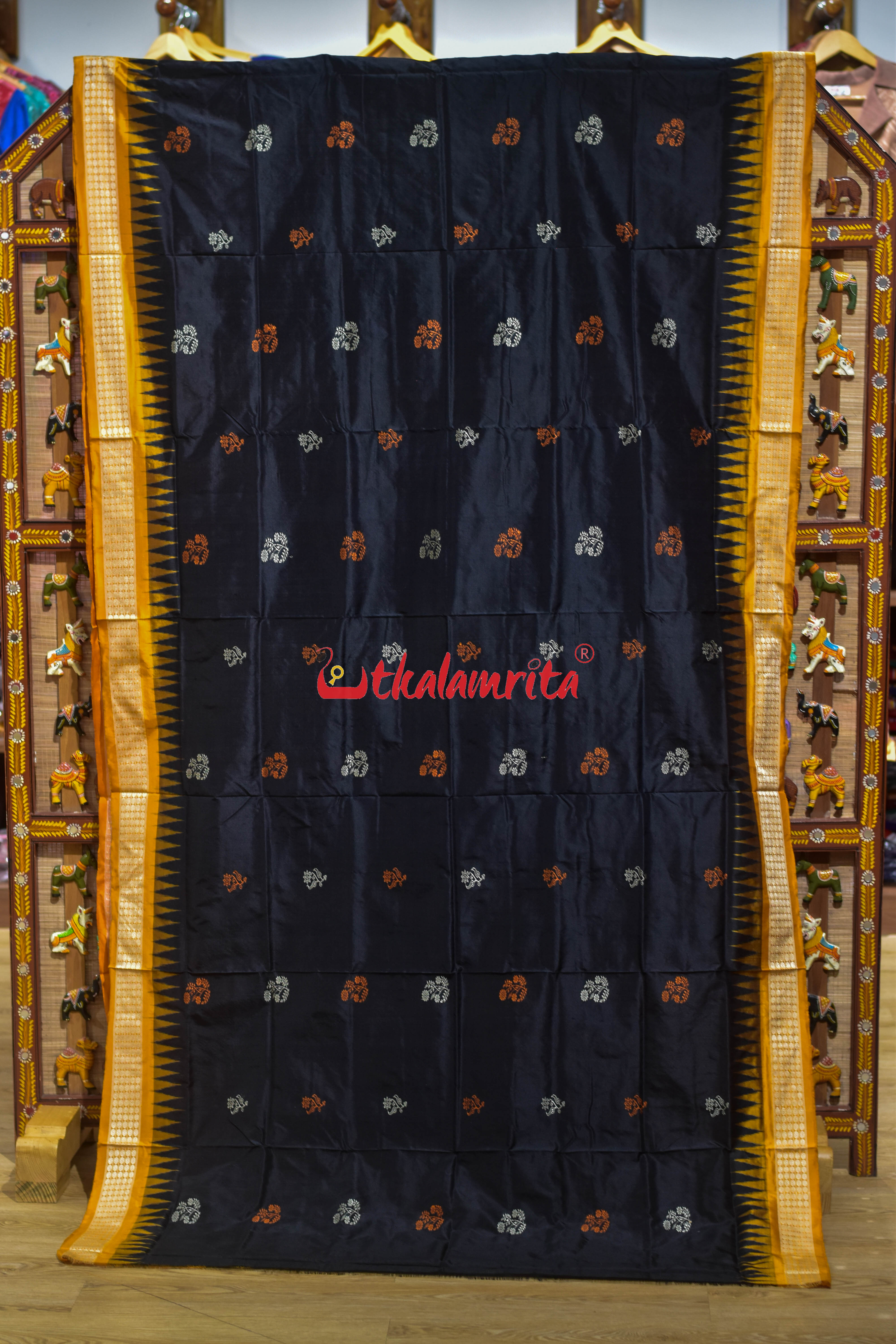 Black Orange Phula Dala Bomkai Silk Saree
