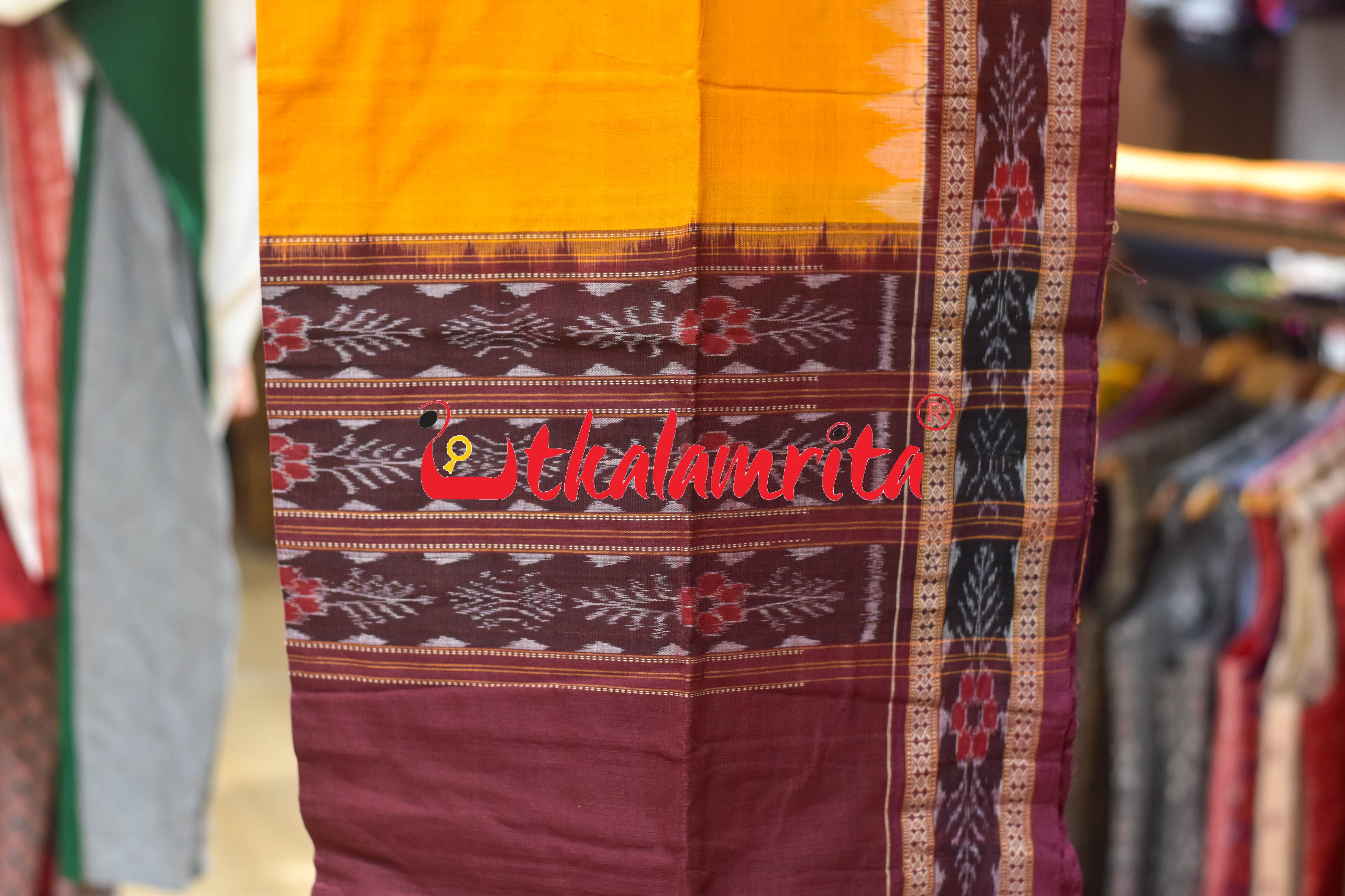 Maroon Yellow Adibasi Theme Sambalpuri Cotton Dress Set