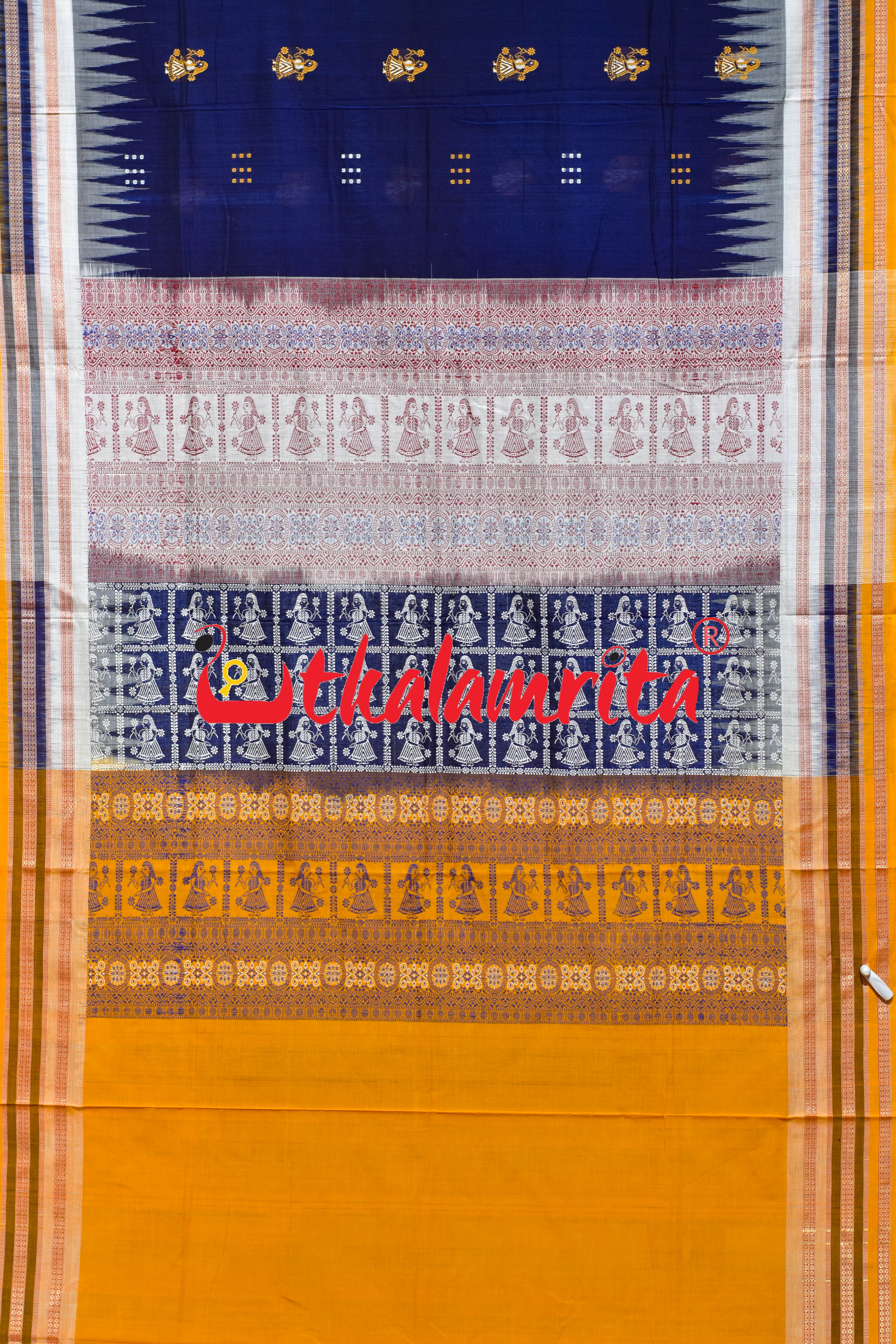 Navy Blue Yellow 3 Dhadi Doll Bomkai Cotton Saree