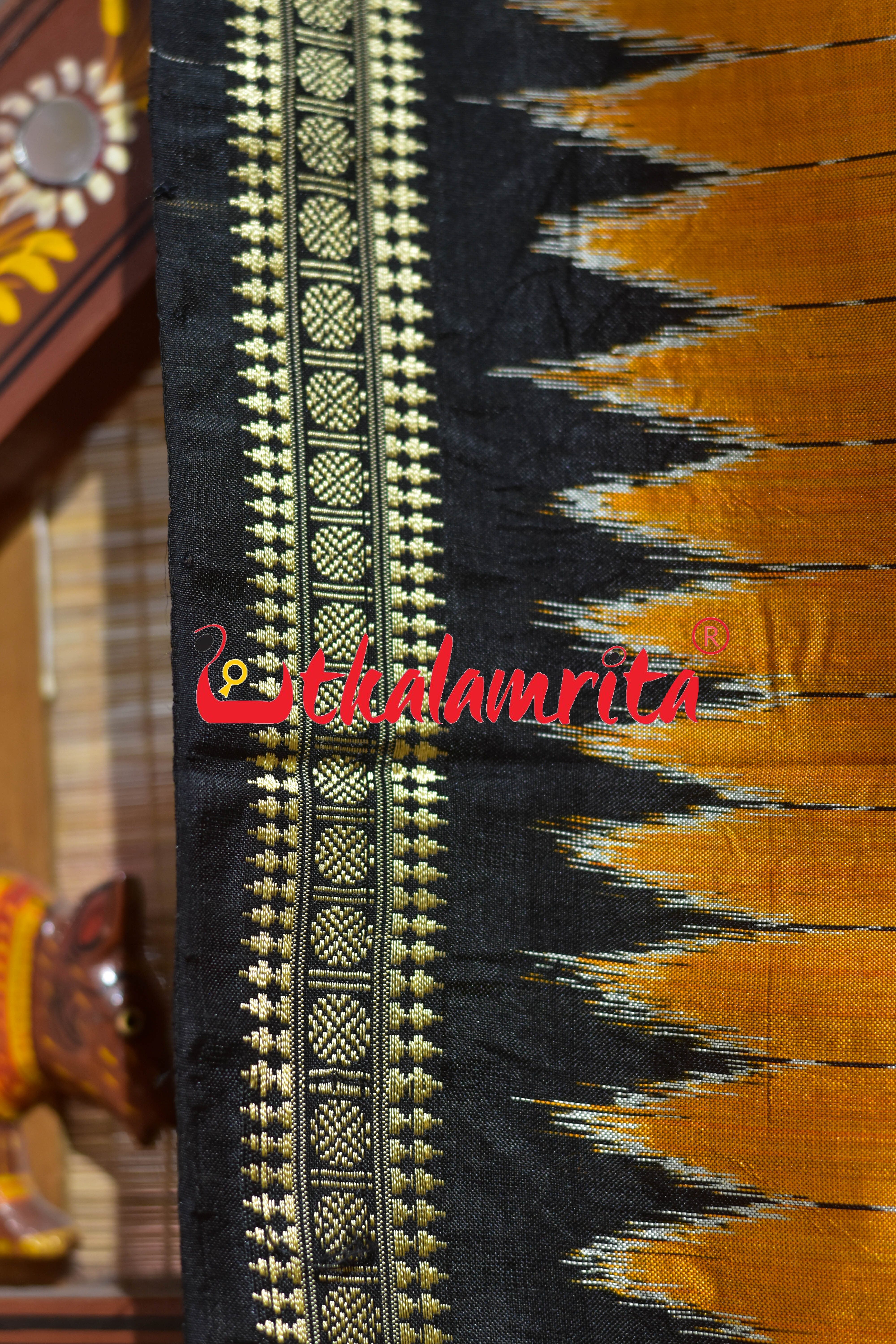 Golden Black Lines Single Flower Khandua Silk Saree