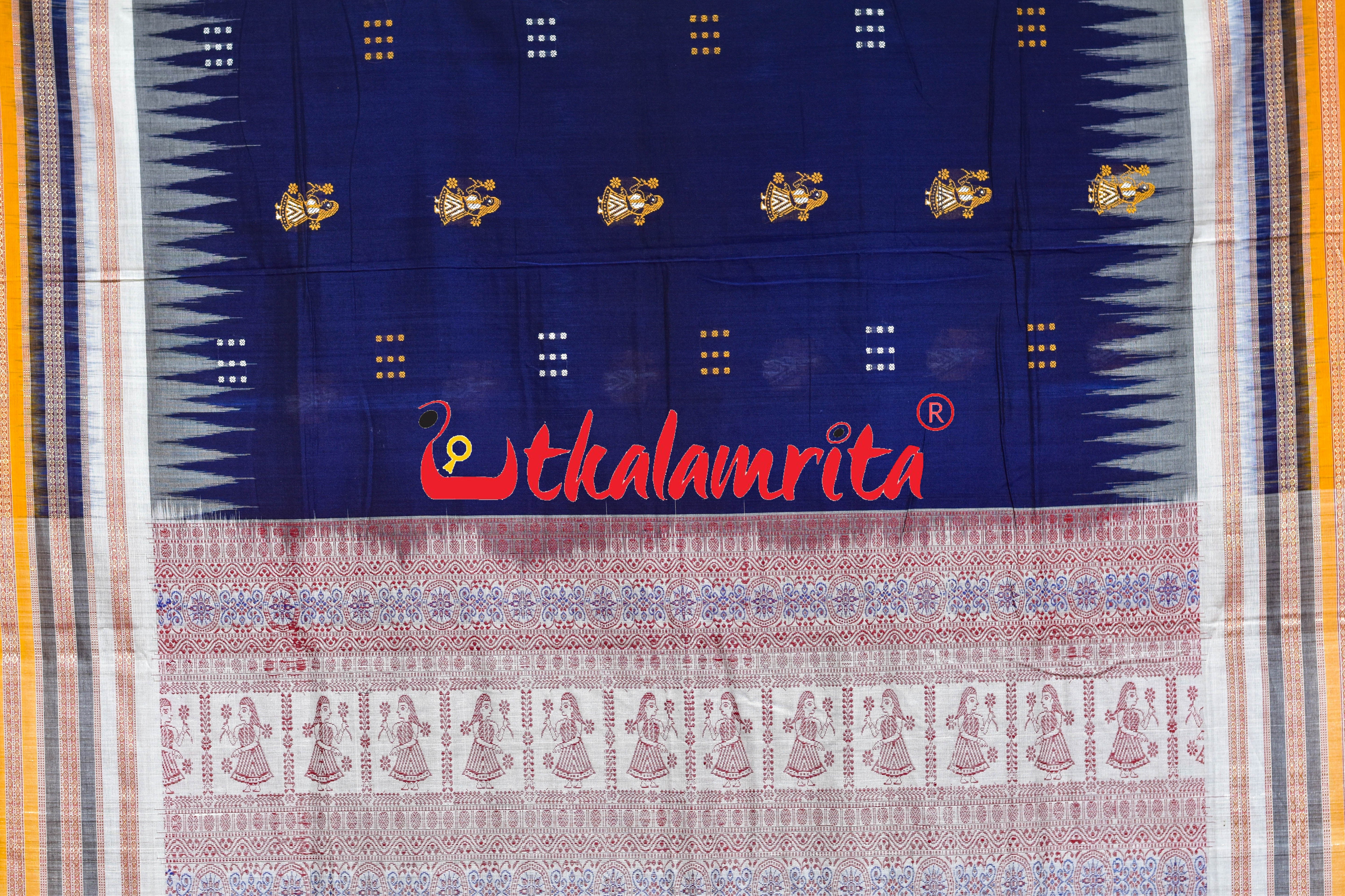Navy Blue Yellow 3 Dhadi Doll Bomkai Cotton Saree