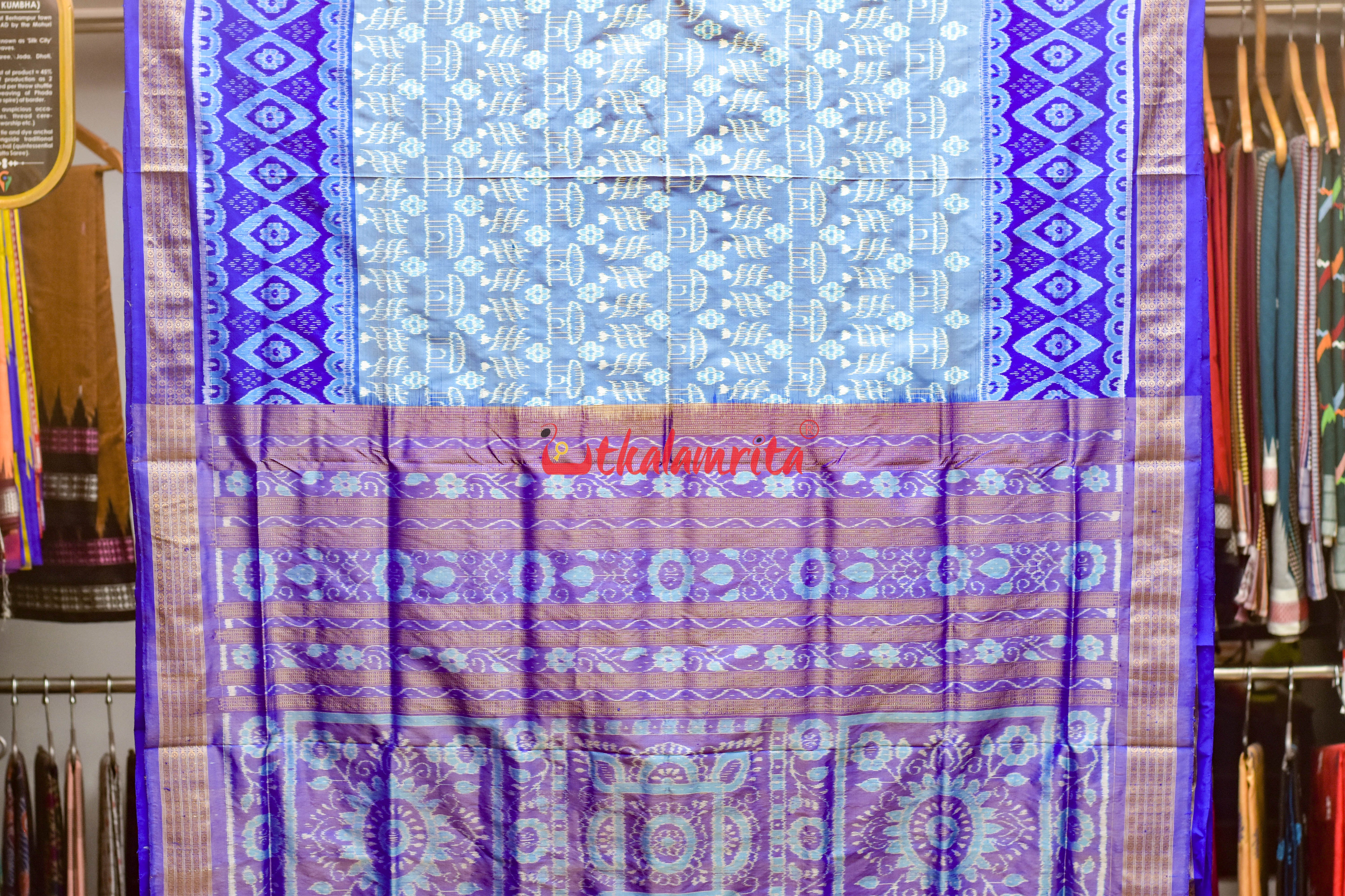 Sky Blue Deep Blue Half Tissue Sambalpuri Silk Saree