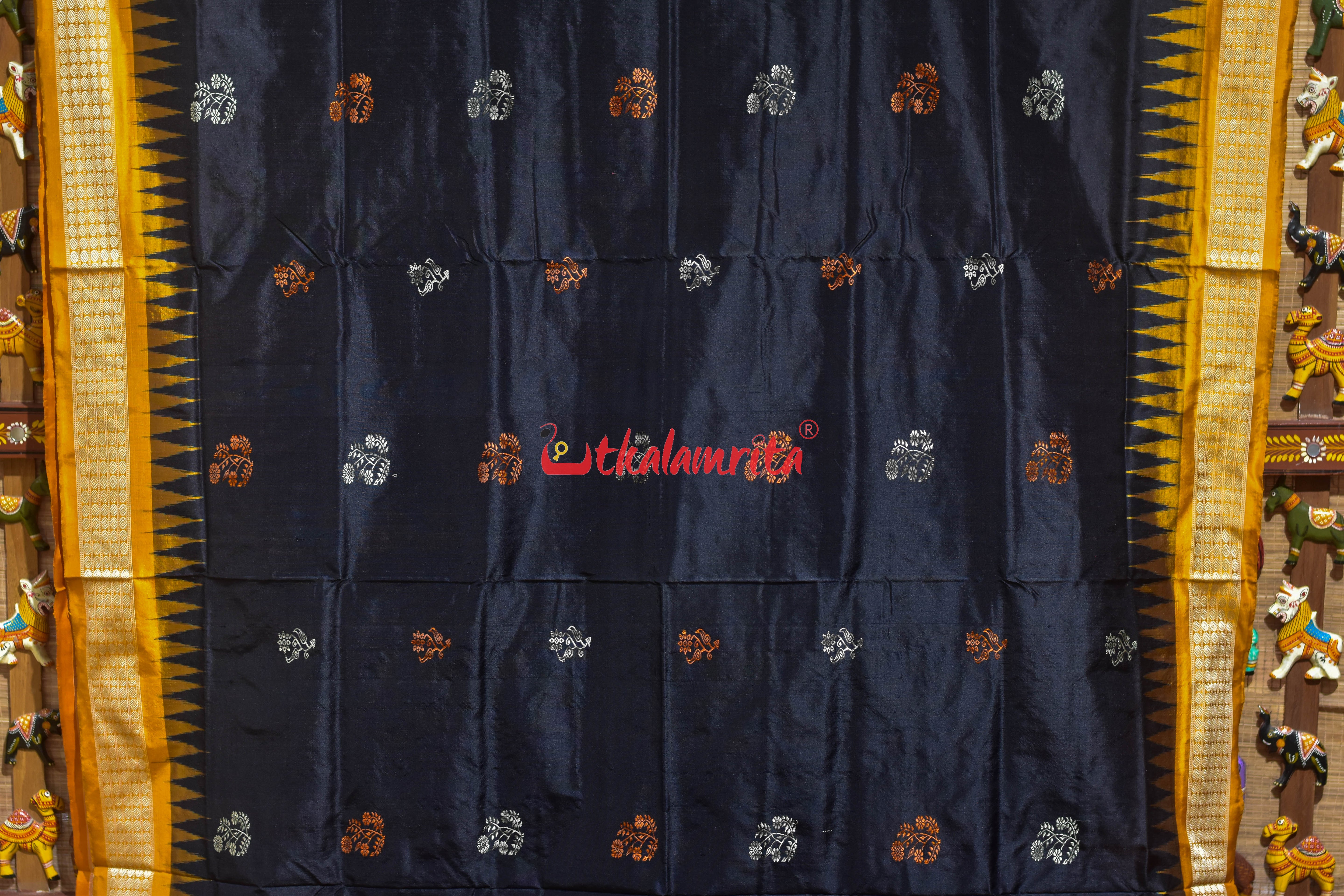 Black Orange Phula Dala Bomkai Silk Saree