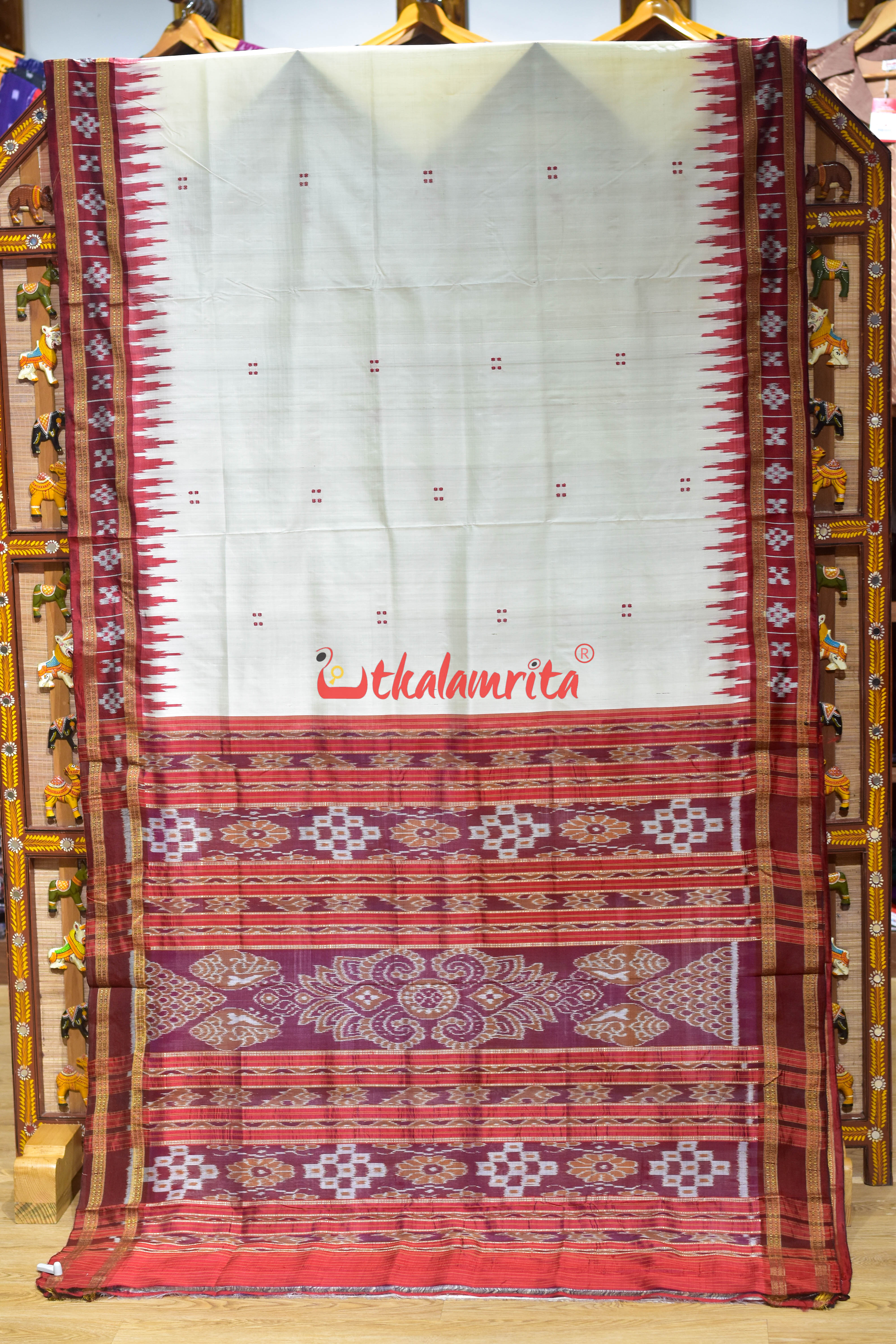 White Maroon Border Pasapali Lines Khandua Silk Saree