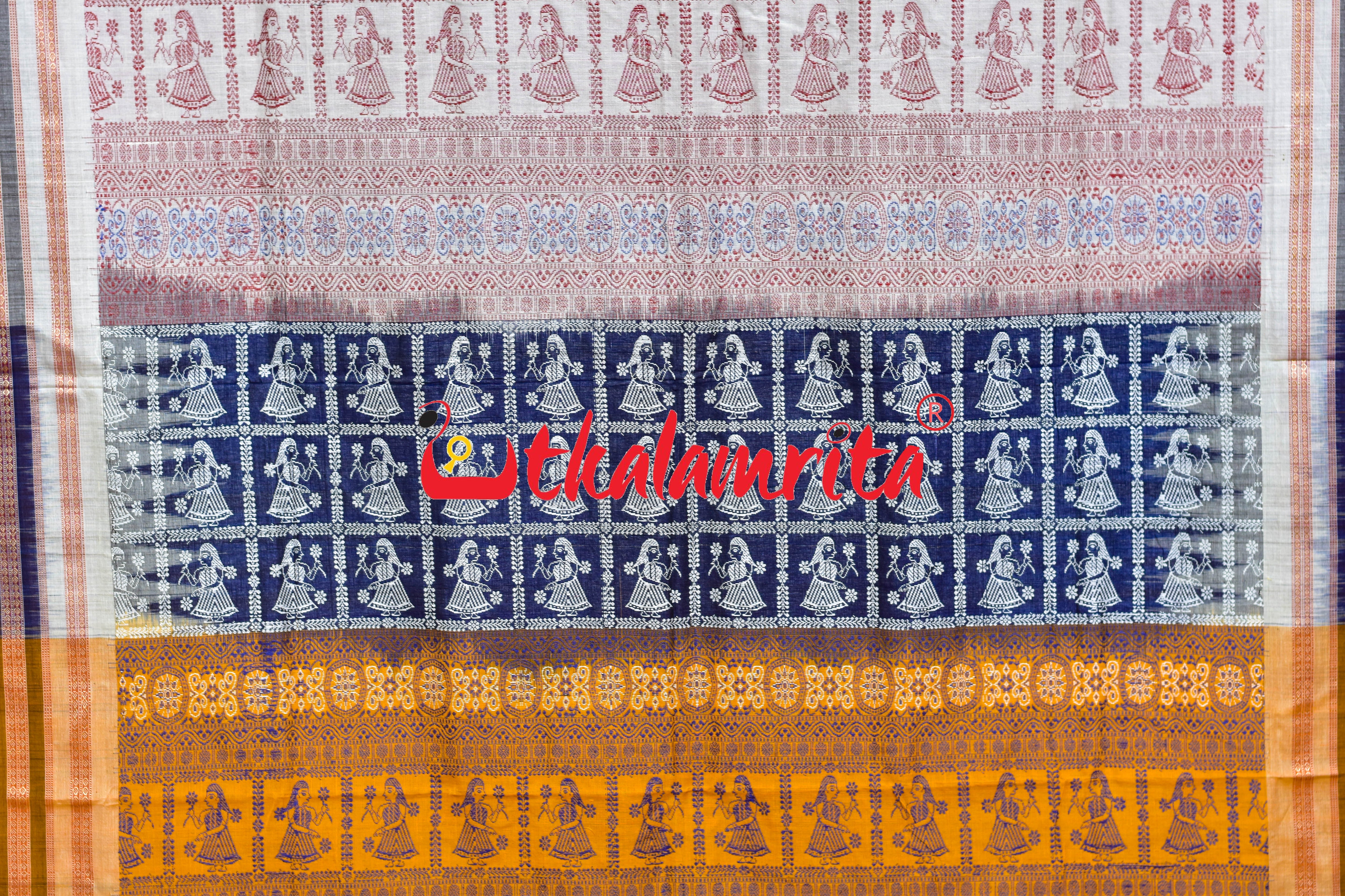 Navy Blue Yellow 3 Dhadi Doll Bomkai Cotton Saree