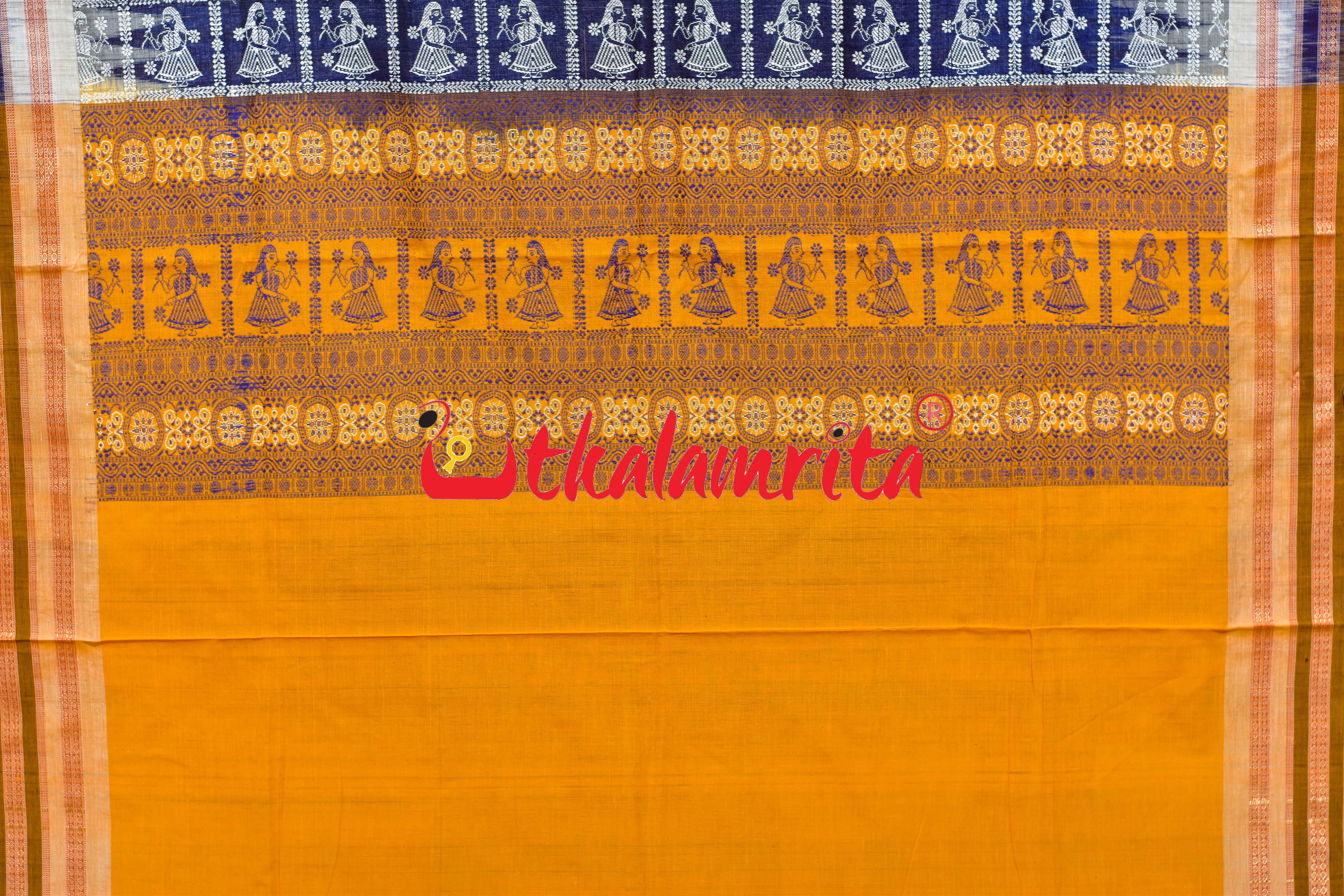 Navy Blue Yellow 3 Dhadi Doll Bomkai Cotton Saree