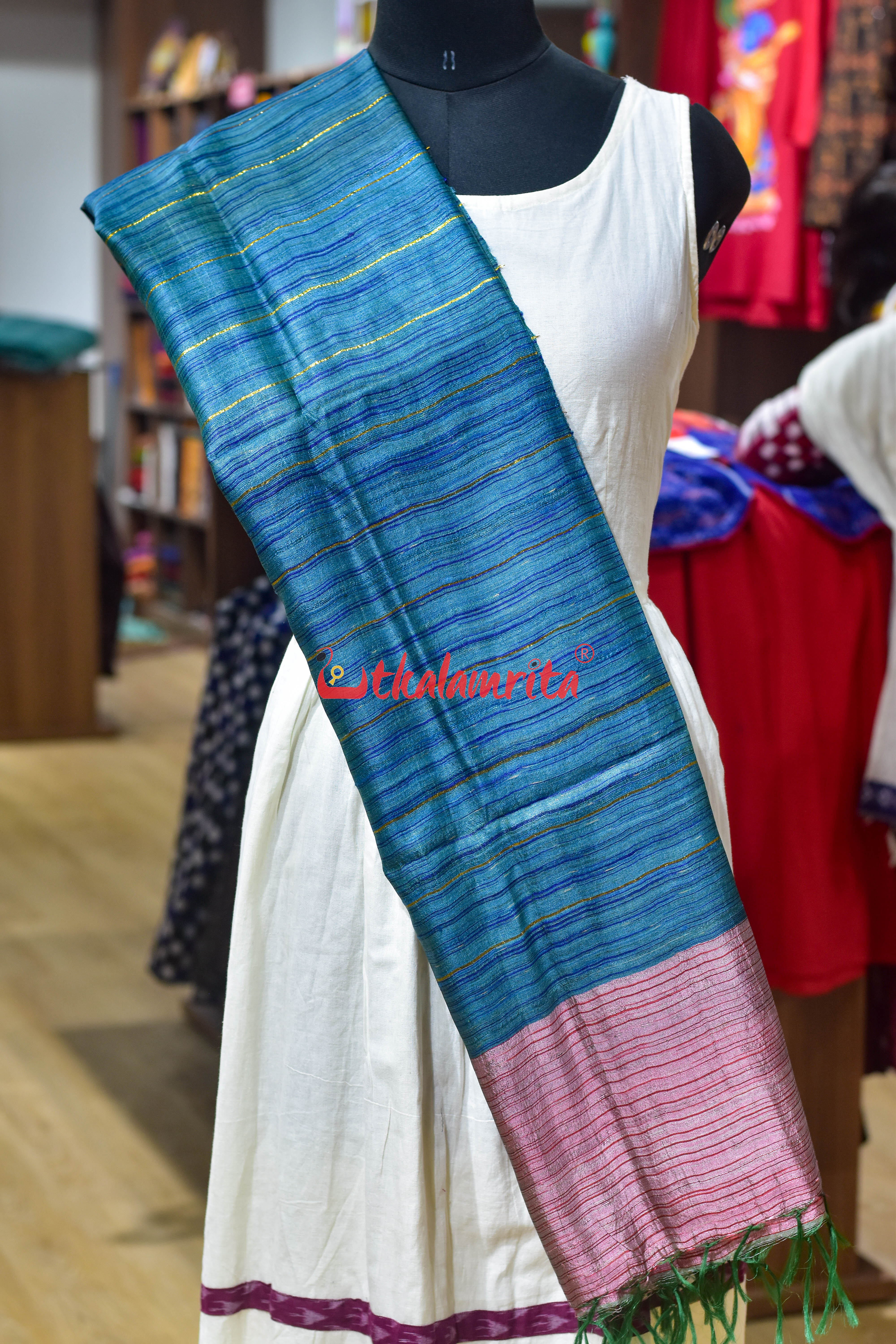 Body Bue with Pink Border Fine Tussar (Dupatta)
