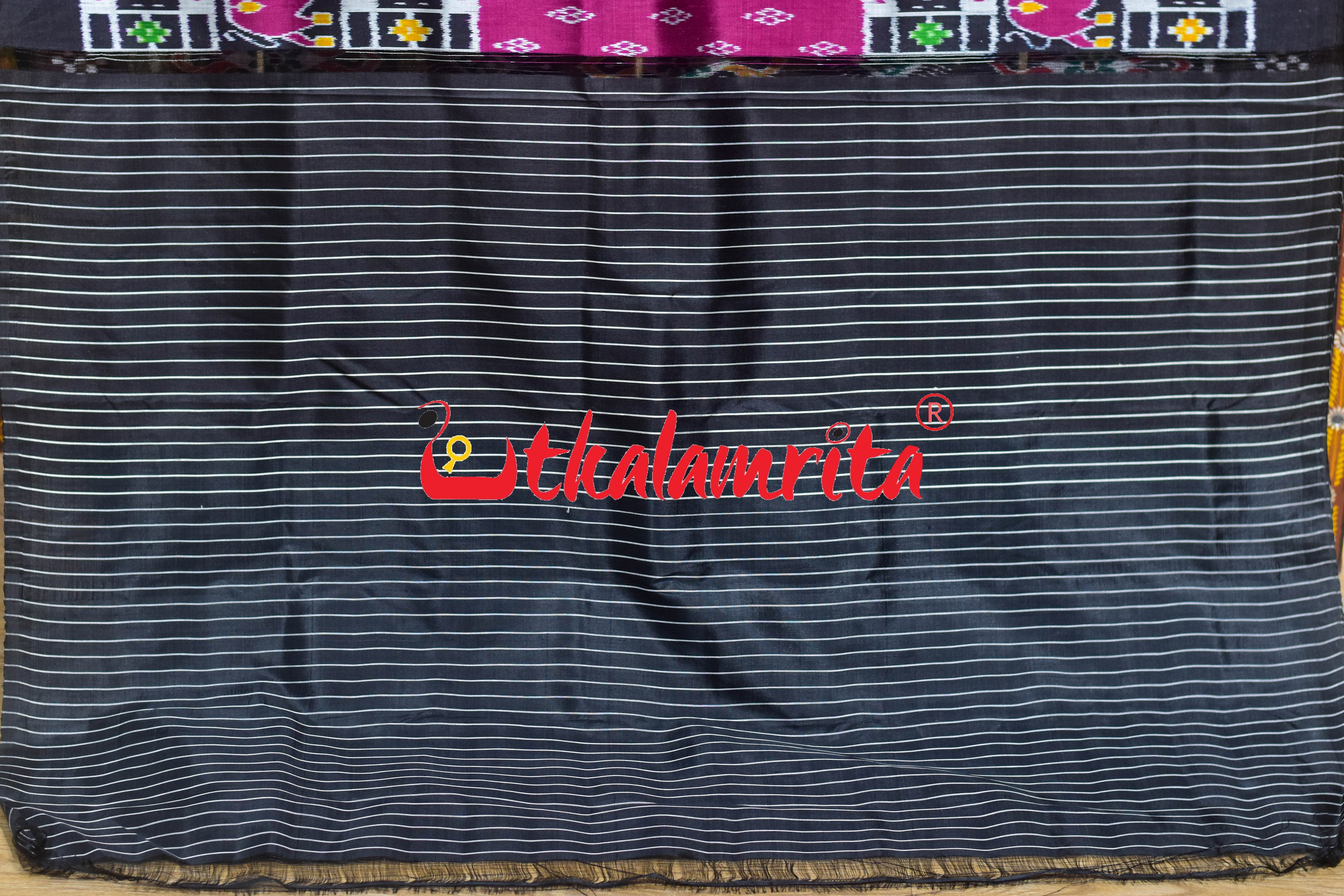 Purple Black Border Elephant Pasapali Khandua Silk Saree