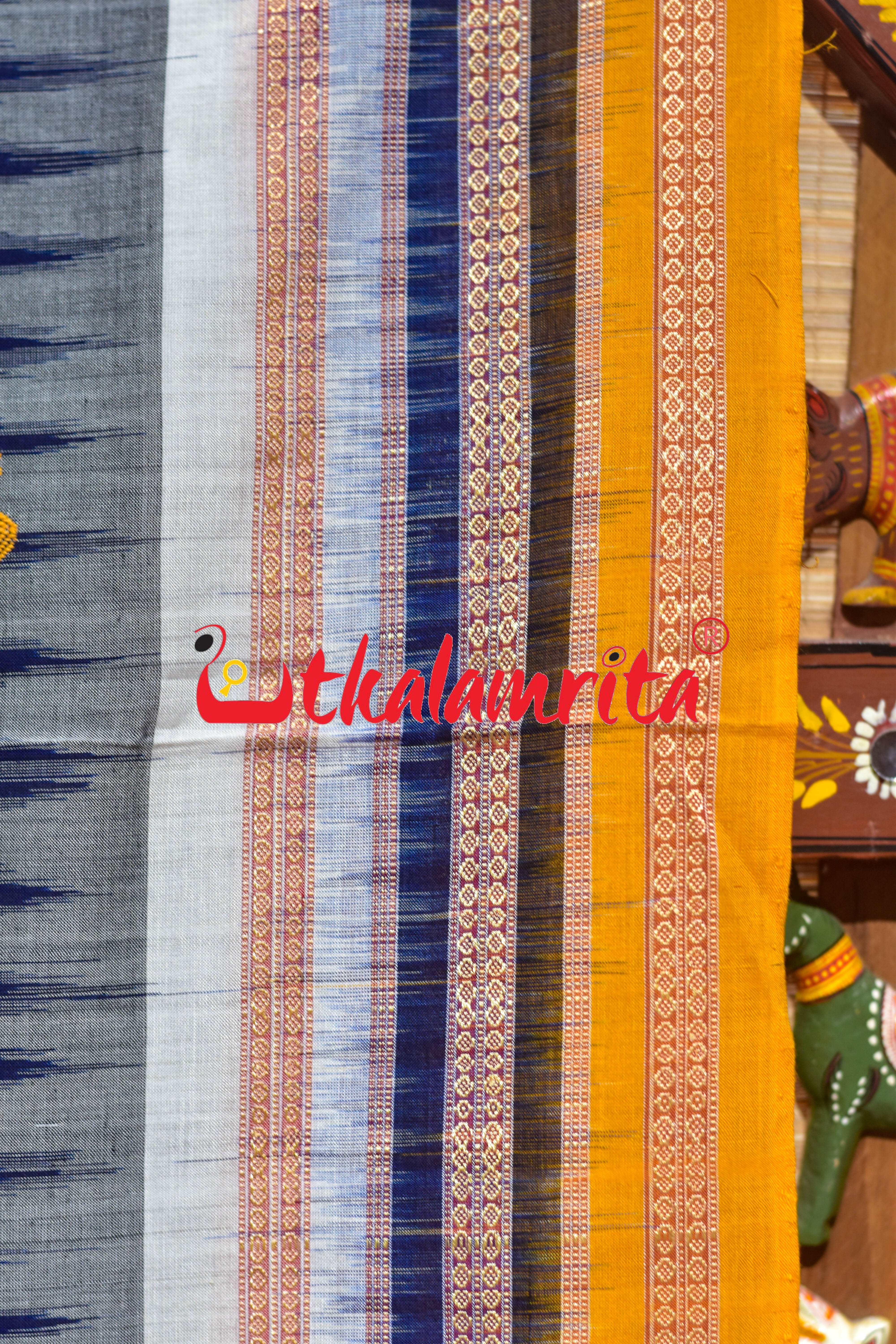 Navy Blue Yellow 3 Dhadi Doll Bomkai Cotton Saree